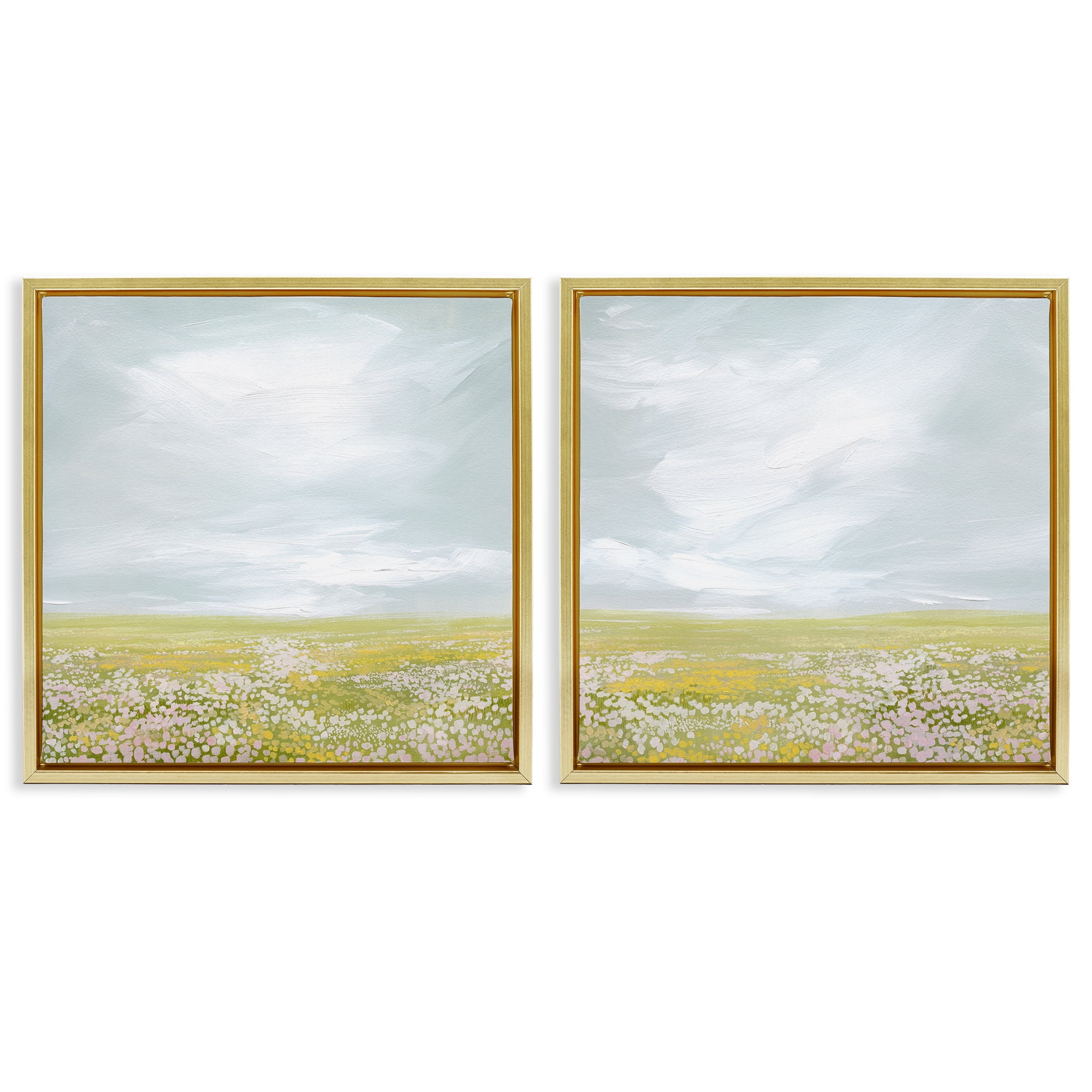 Stupell Industries Flowering Field Wispy Clouds Landscape & Nature Painting Gold Floater Framed Canvas Art Print Wall Art, 18 x 18, Set of 2