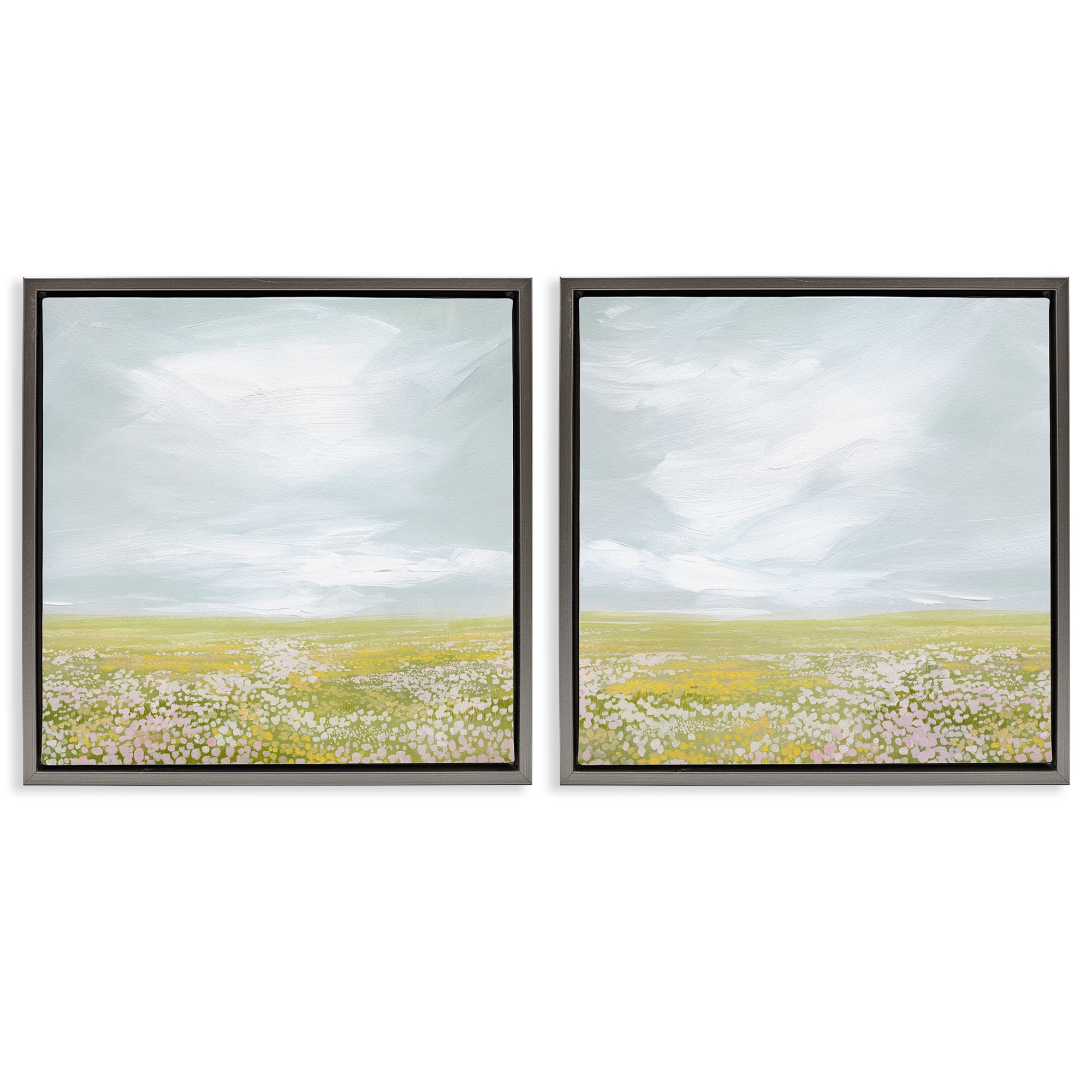 Stupell Industries Flowering Field Wispy Clouds Landscape & Nature Painting Gray Floater Framed Canvas Art Print Wall Art, 18 x 18, Set of 2