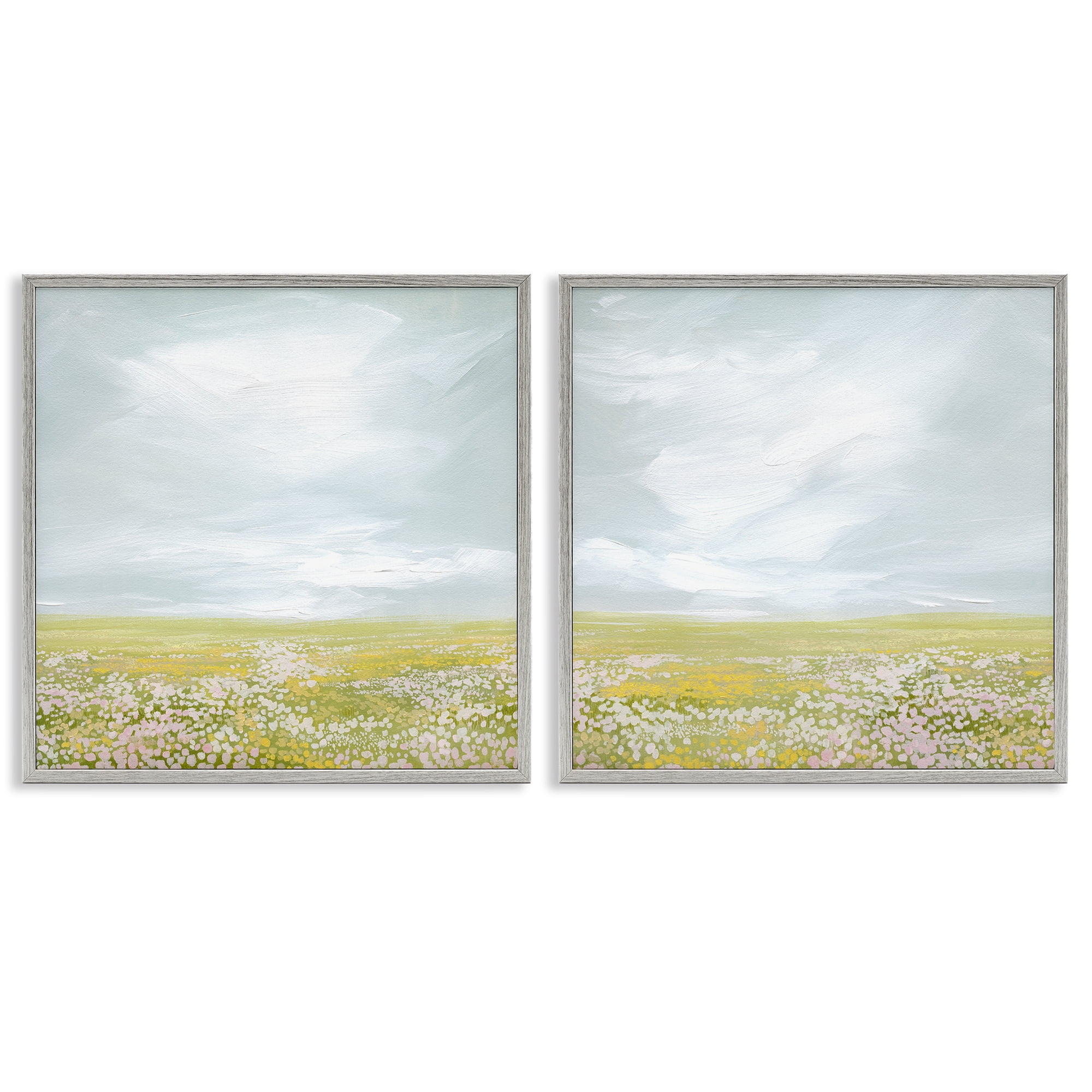 Stupell Industries Flowering Field Wispy Clouds Landscape & Nature Painting Gray Framed Art Print Wall Art, 24 x 24, Set of 2