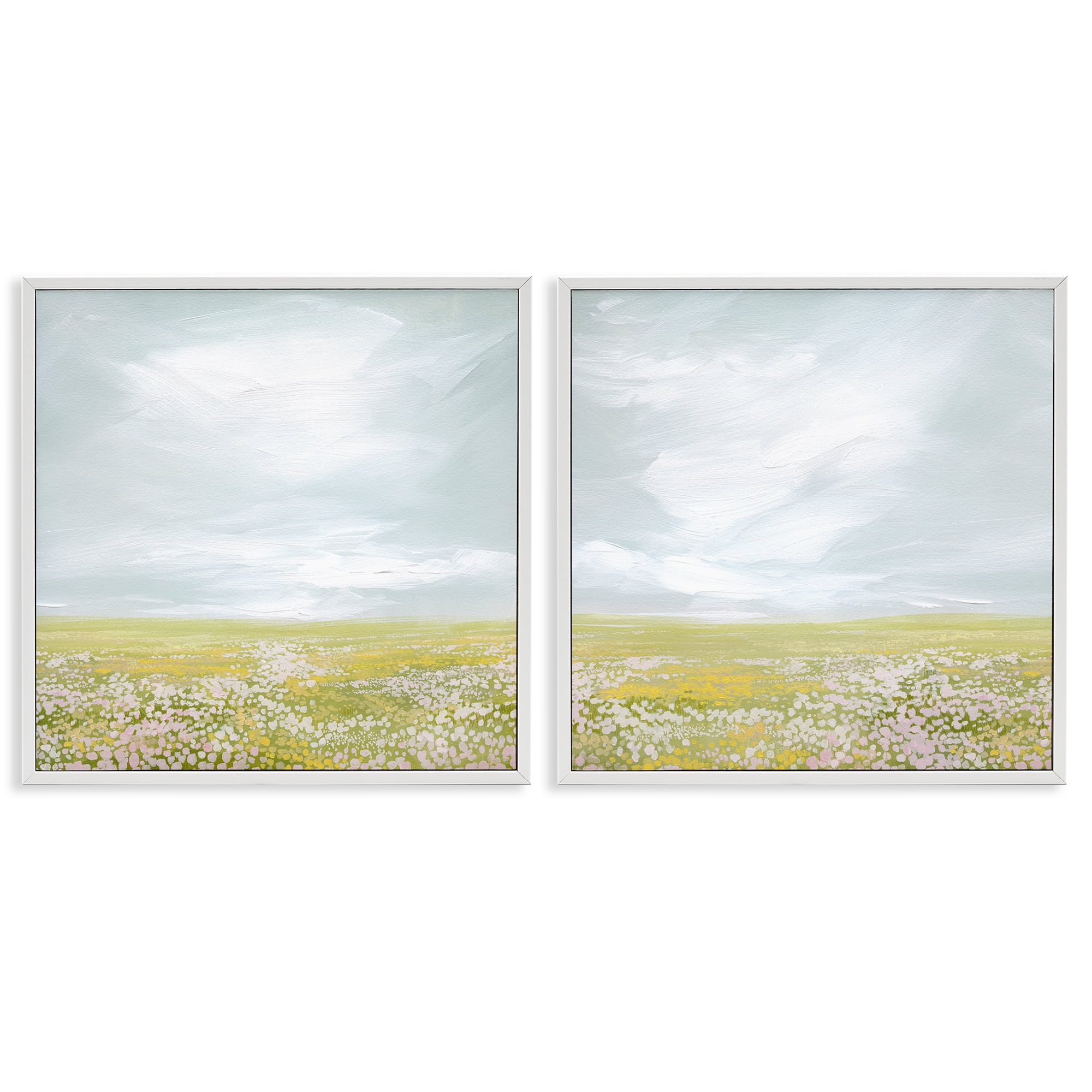 Stupell Industries Flowering Field Wispy Clouds Landscape & Nature Painting White Framed Art Print Wall Art, 17 x 17, Set of 2