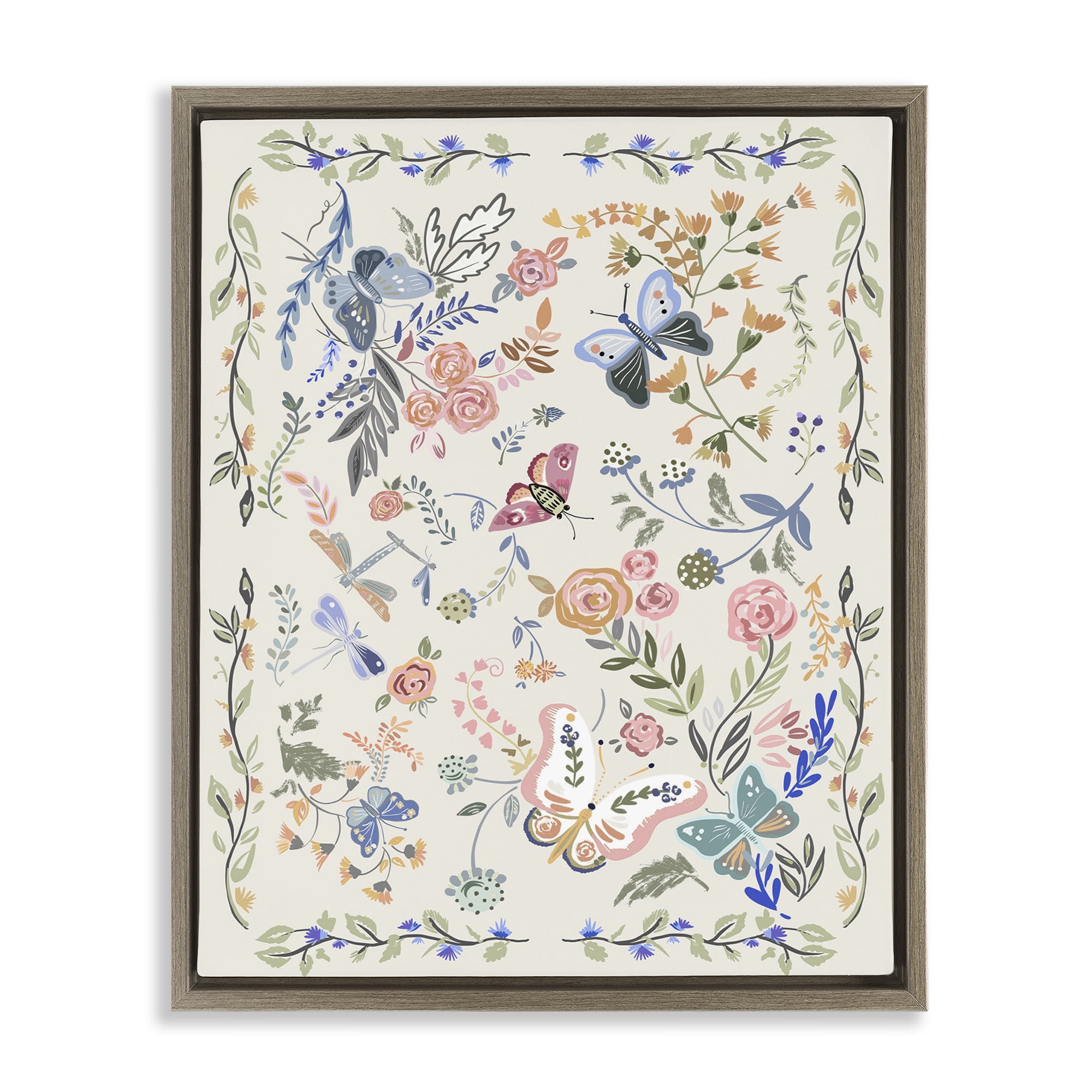 Stupell Industries Flowers & Garden Friends Animals Painting Brown Floater Framed Canvas Art Print Wall Art, 17 x 21