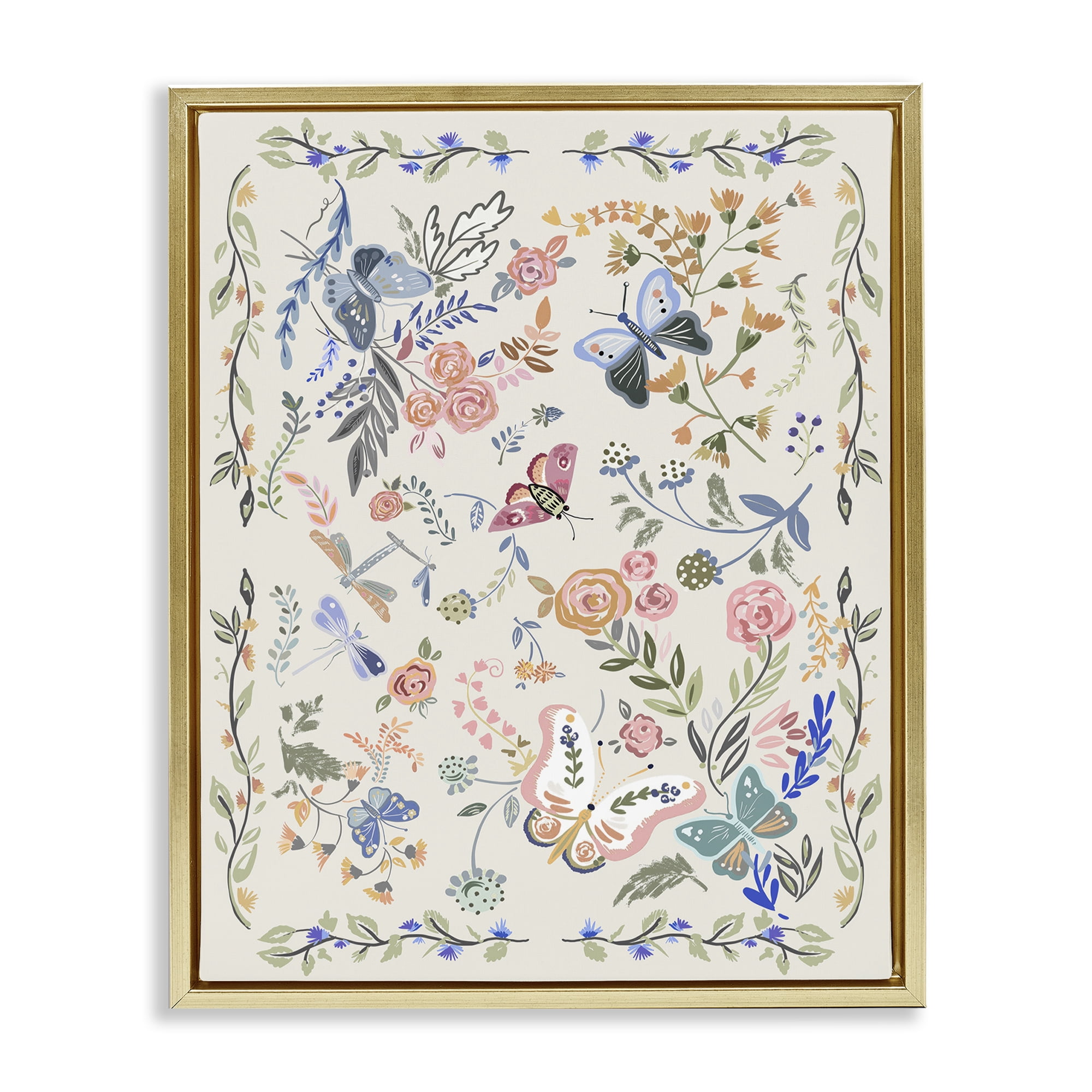 Stupell Industries Flowers & Garden Friends Animals Painting Gold Floater Framed Canvas Art Print Wall Art, 17 x 21