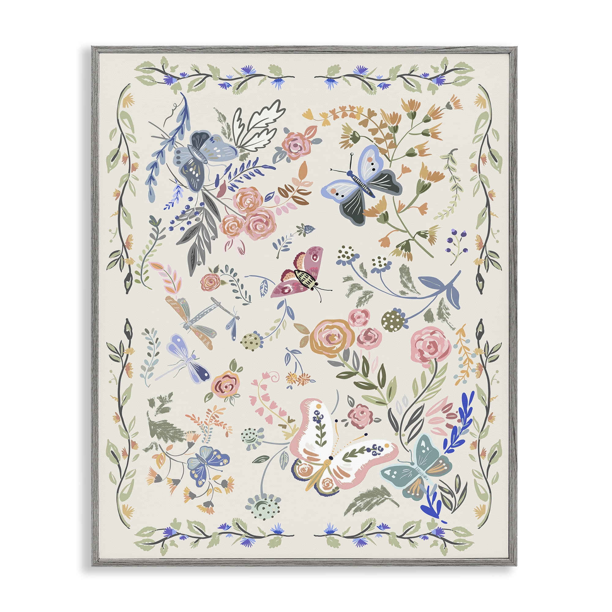 Stupell Industries Flowers & Garden Friends Animals Painting Gray Framed Art Print Wall Art, 24 x 30