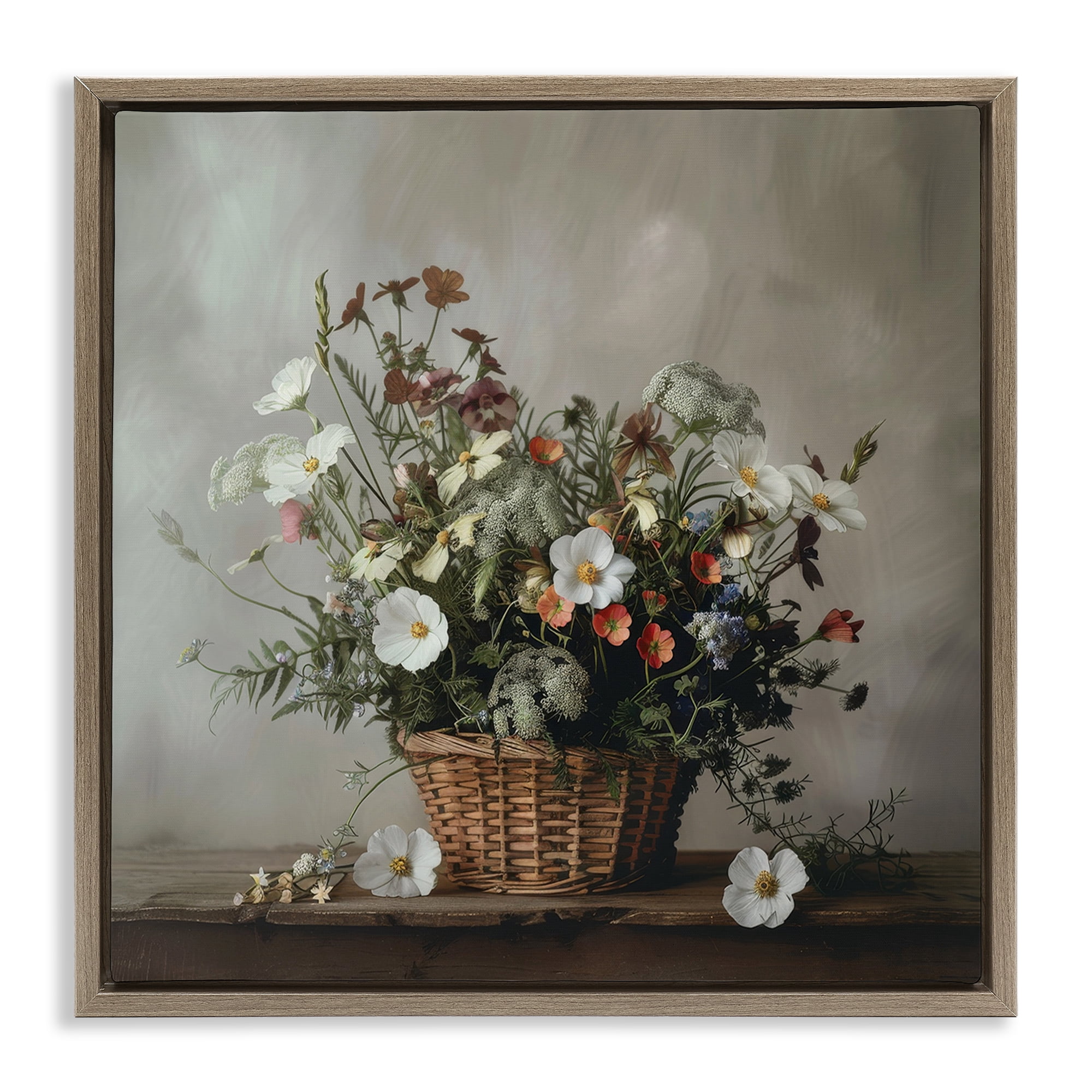 Stupell Industries Flowers In A Basket Arrangement Brown Framed Floater Canvas Wall Art, design by Lazar Studio