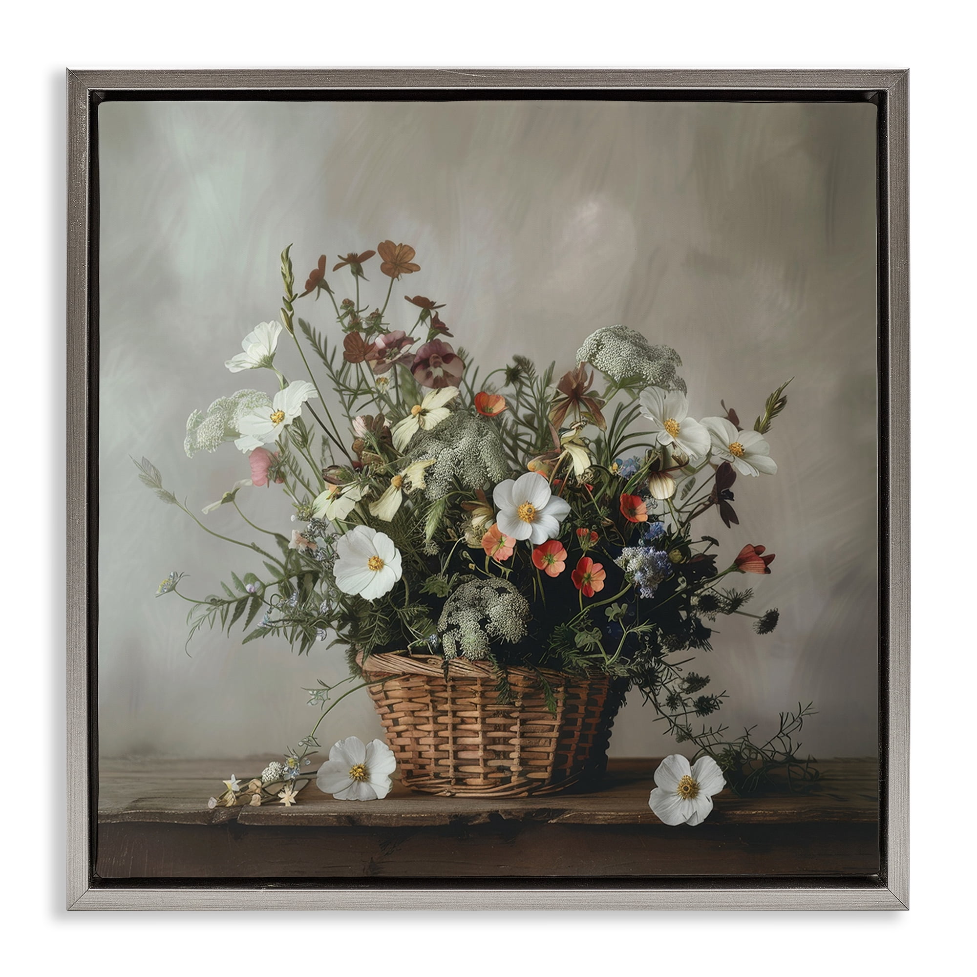 Stupell Industries Flowers In A Basket Arrangement Gray Framed Floater Canvas Wall Art, design by Lazar Studio