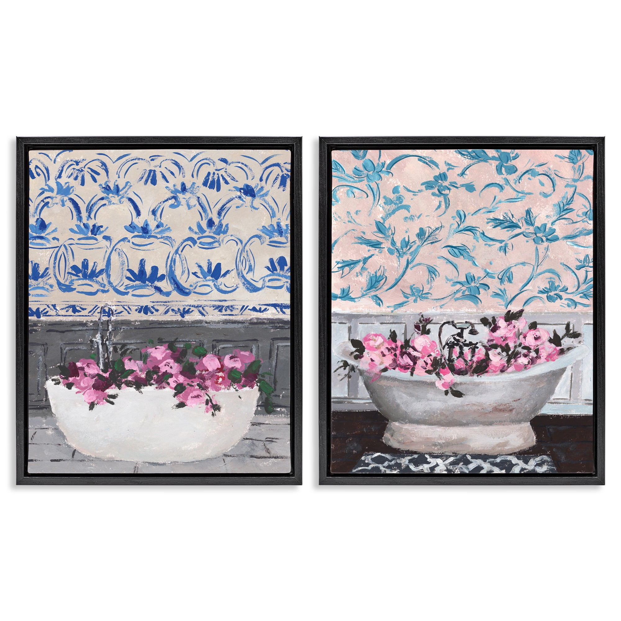 Stupell Industries Flowers In Bath Tub Interior Design Botanical & Floral Painting Black Floater Framed Canvas Art Print Wall Art, 17 x 21, Set of 2