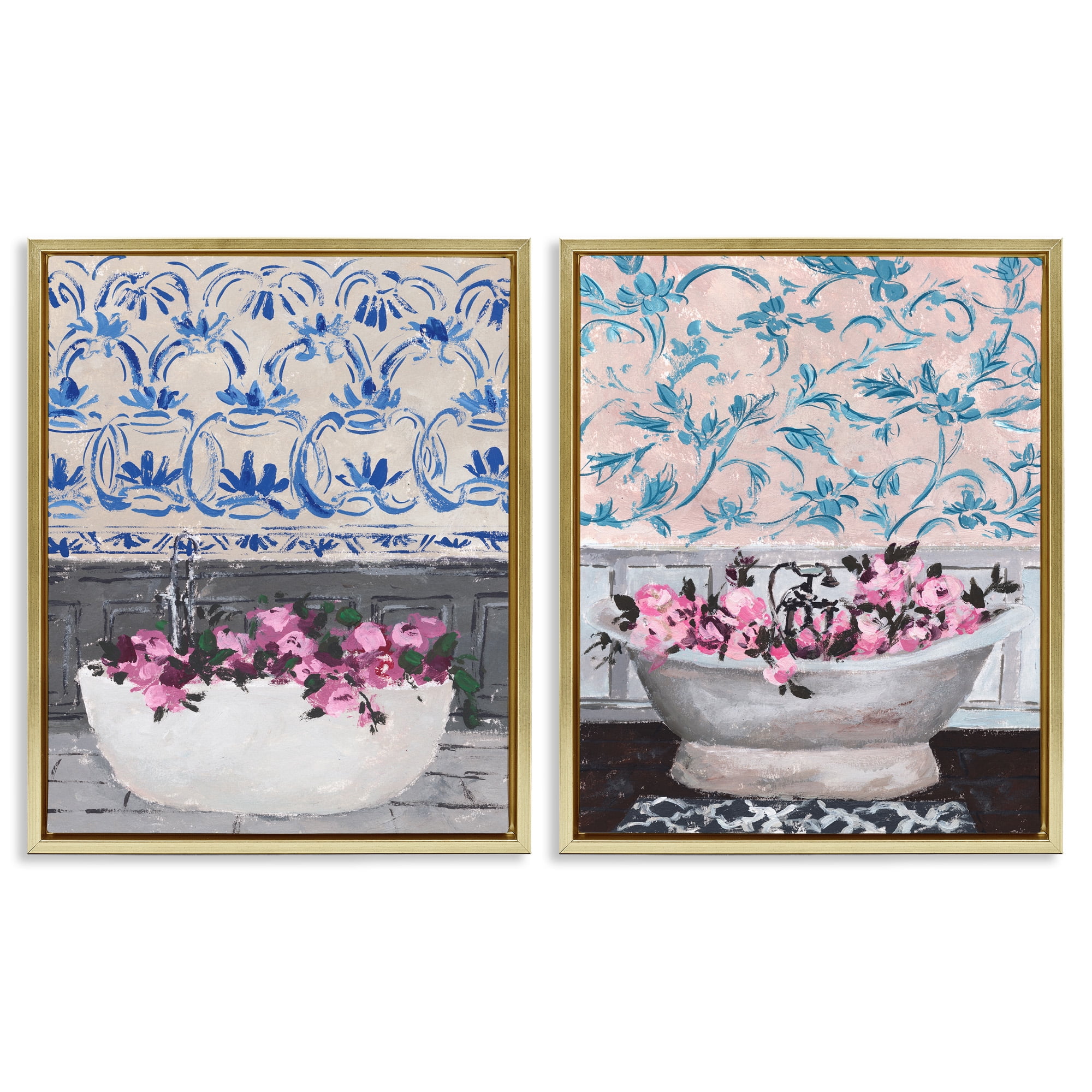 Stupell Industries Flowers In Bath Tub Interior Design Botanical & Floral Painting Gold Floater Framed Canvas Art Print Wall Art, 25 x 31, Set of 2