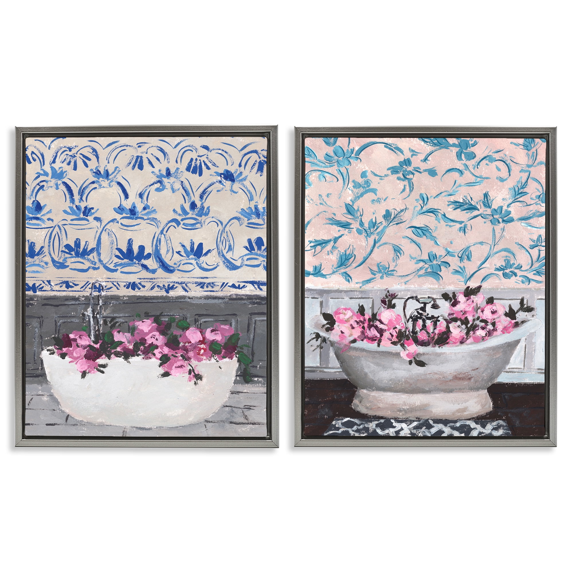 Stupell Industries Flowers In Bath Tub Interior Design Botanical & Floral Painting Gray Floater Framed Canvas Art Print Wall Art, 17 x 21, Set of 2