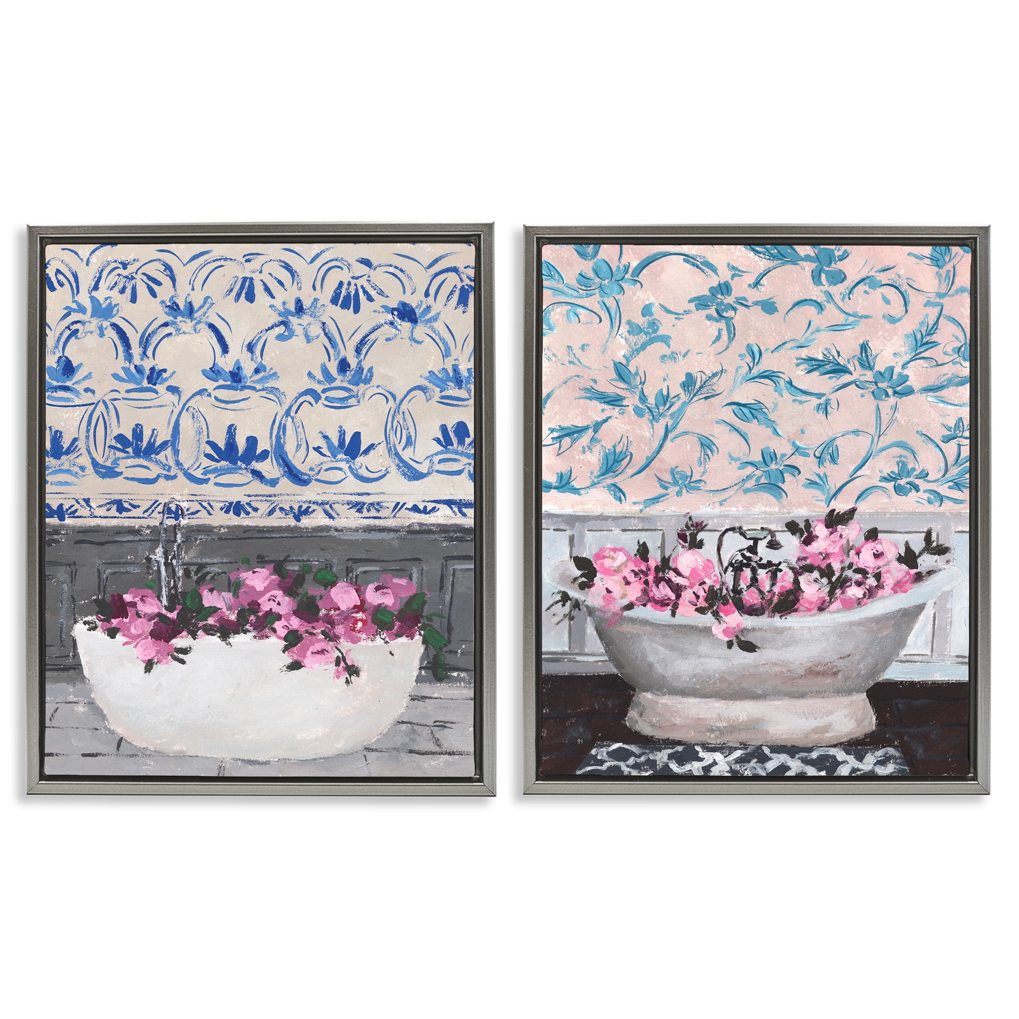 Stupell Industries Flowers In Bath Tub Interior Design Botanical & Floral Painting Gray Floater Framed Canvas Art Print Wall Art, 25 x 31, Set of 2