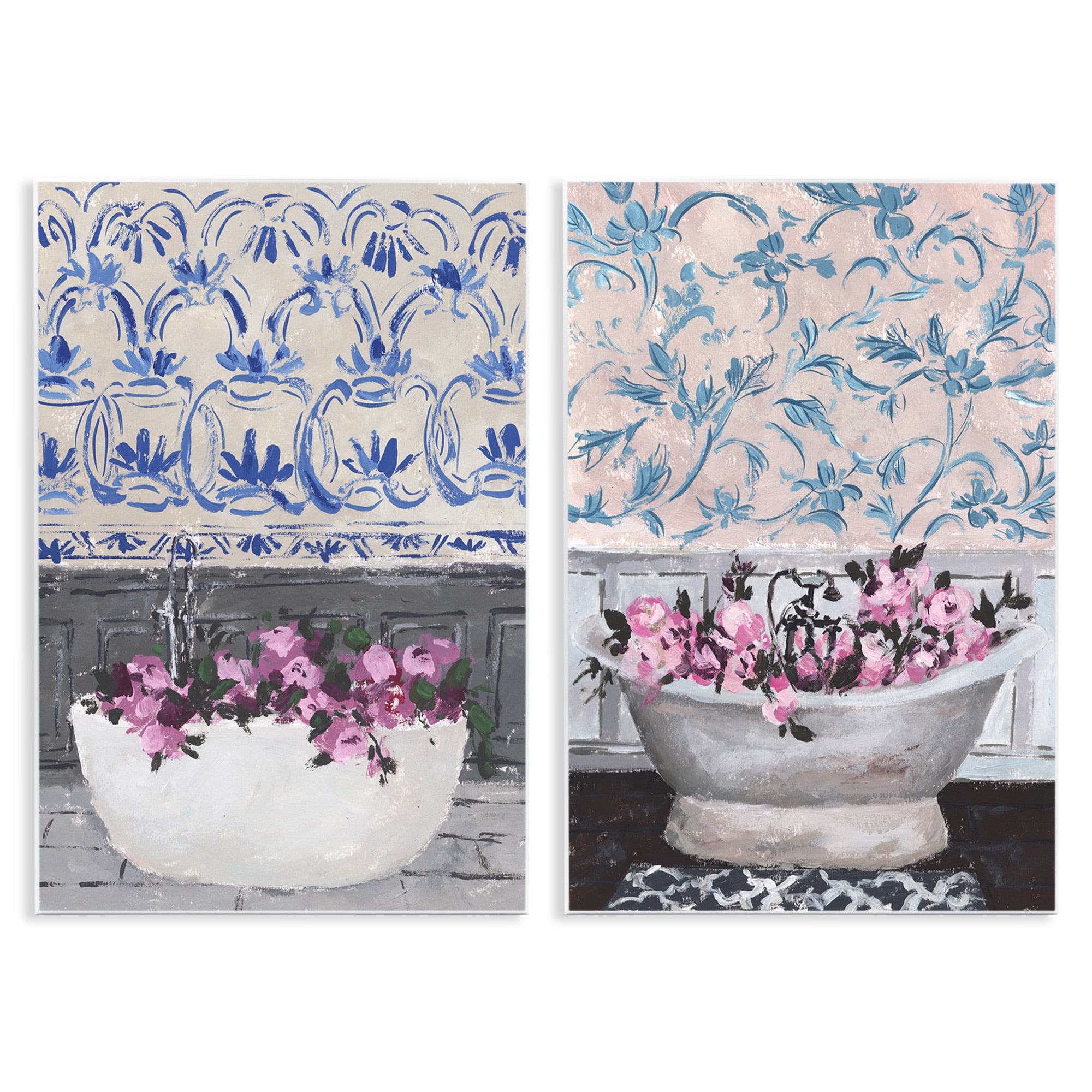 Stupell Industries Flowers In Bath Tub Interior Design Botanical & Floral Painting Unframed Art Print Wall Art, 13 x 19, Set of 2