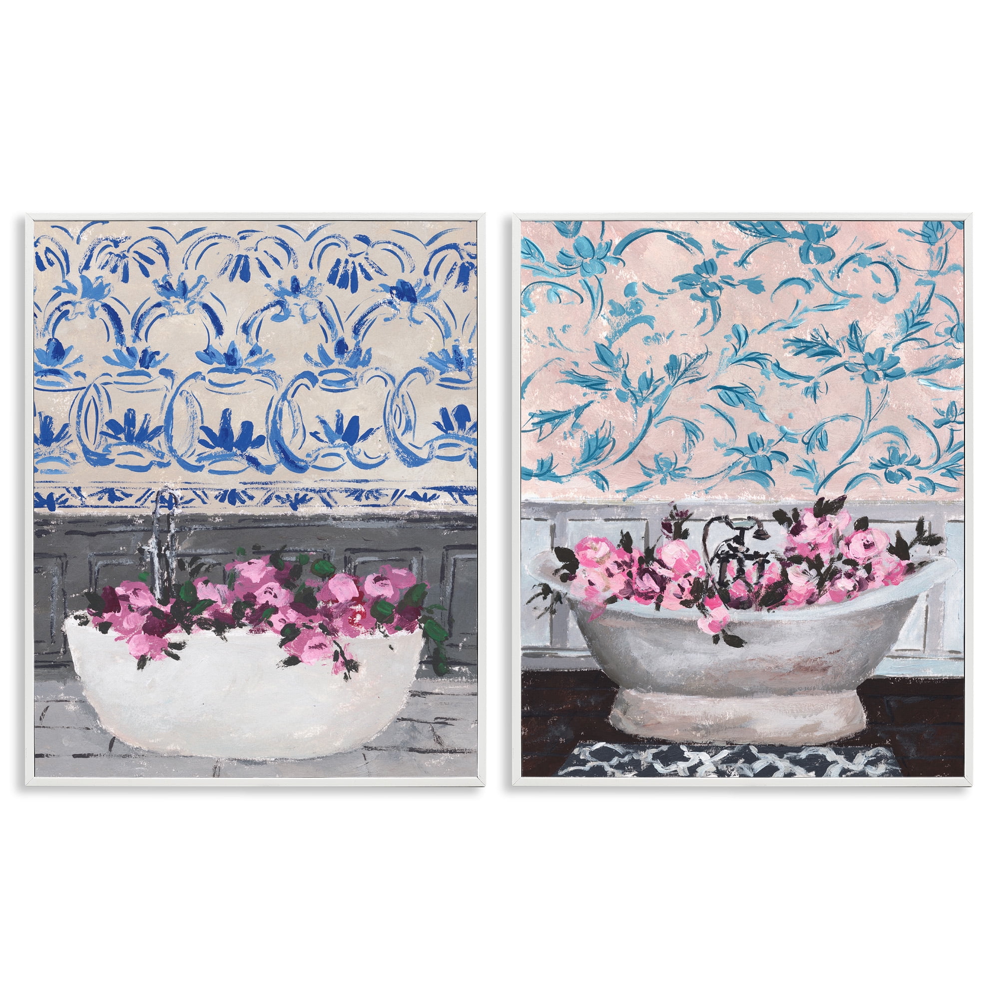 Stupell Industries Flowers In Bath Tub Interior Design Botanical & Floral Painting White Framed Art Print Wall Art, 24 x 30, Set of 2