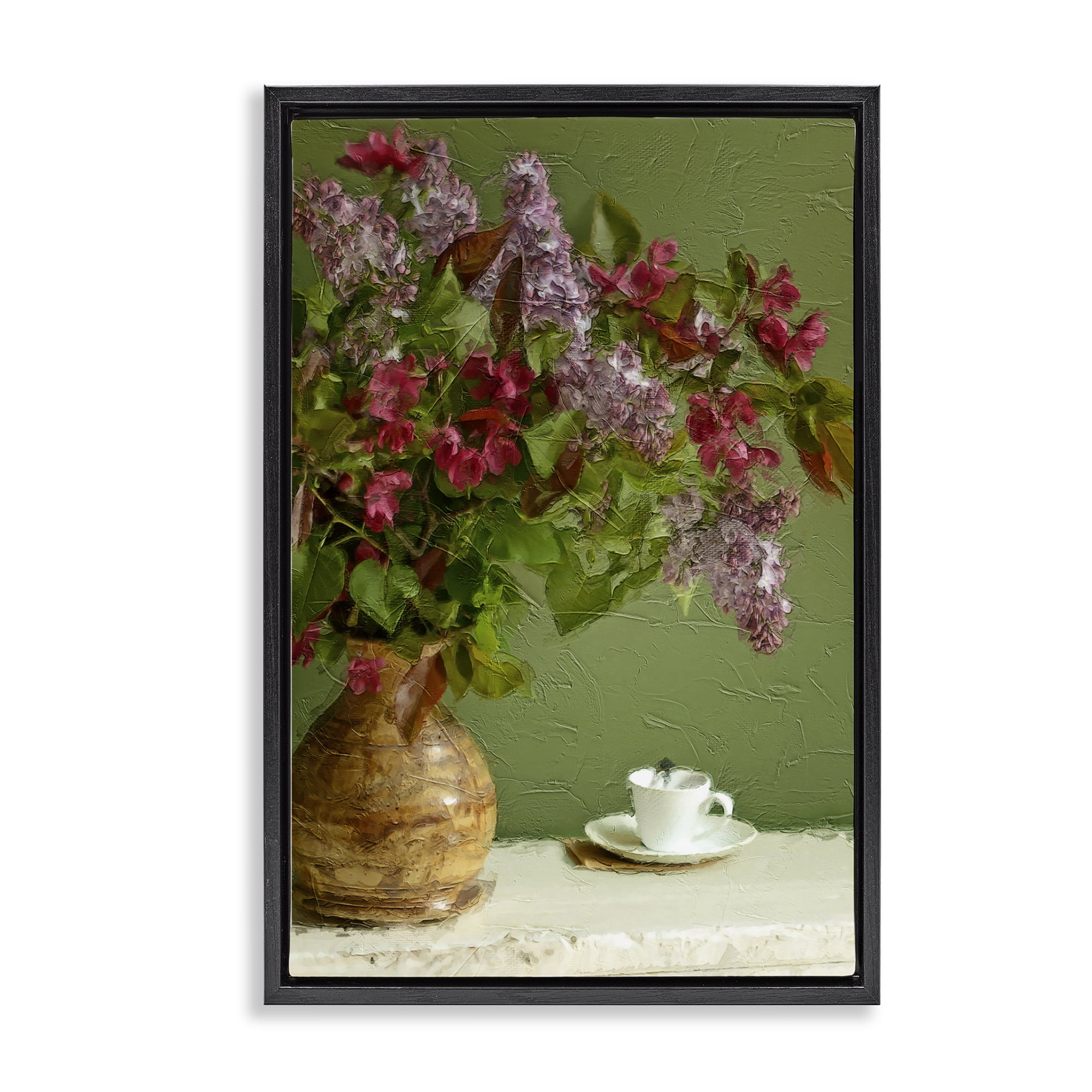 Stupell Industries Flowers & Teacup Botanical & Floral Painting Black Floater Framed Art Print Wall Art, 21 x 31