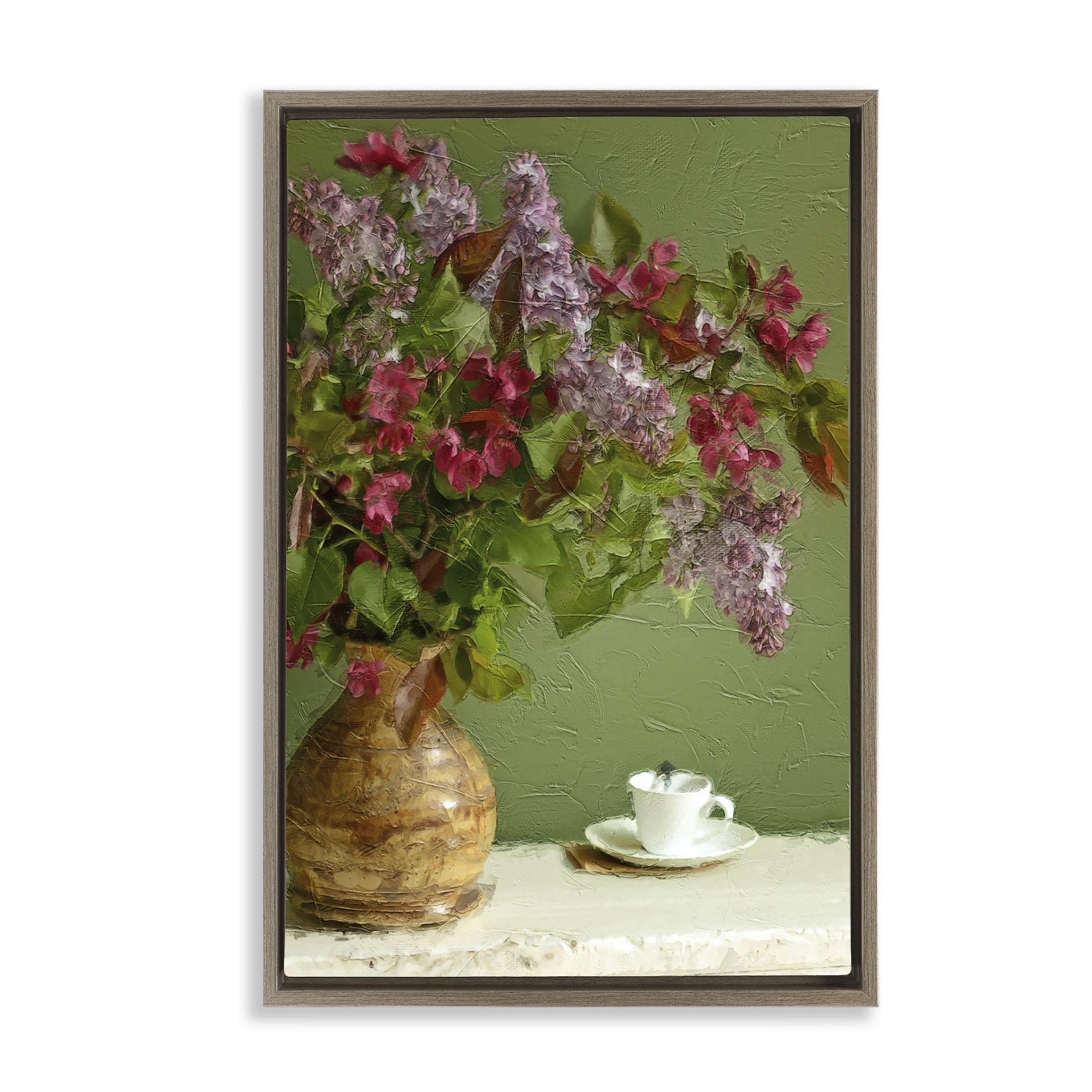 Stupell Industries Flowers & Teacup Botanical & Floral Painting Brown Floater Framed Art Print Wall Art, 17 x 25