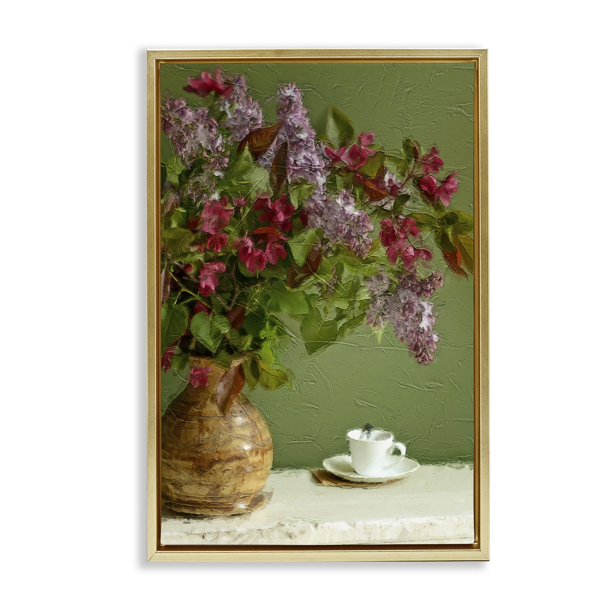 Stupell Industries Flowers & Teacup Botanical & Floral Painting Gold Floater Framed Art Print Wall Art, 17 x 25