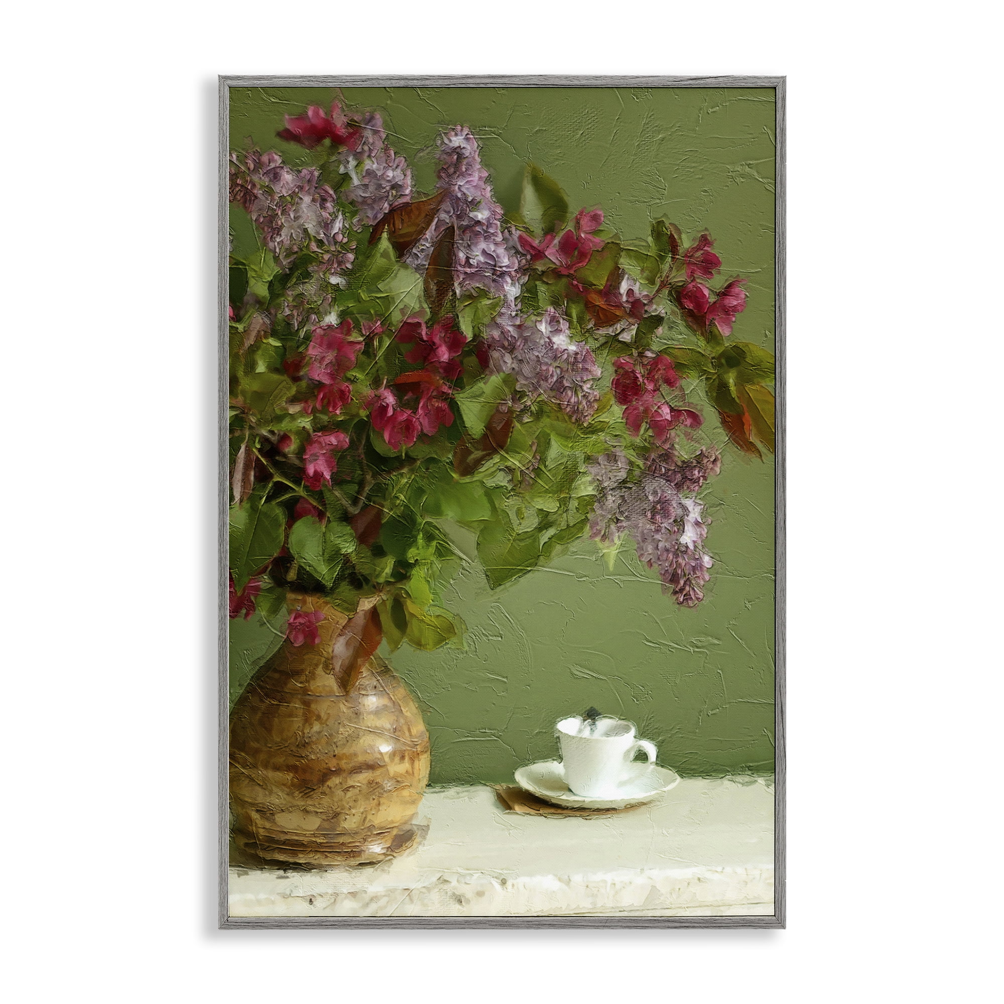 Stupell Industries Flowers & Teacup Botanical & Floral Painting Gray Framed Art Print Wall Art, 20 x 30