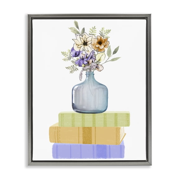 Stupell Industries Flowers Vase On Books Gray Framed Floater Canvas Wall Art, design by Marcus Prime