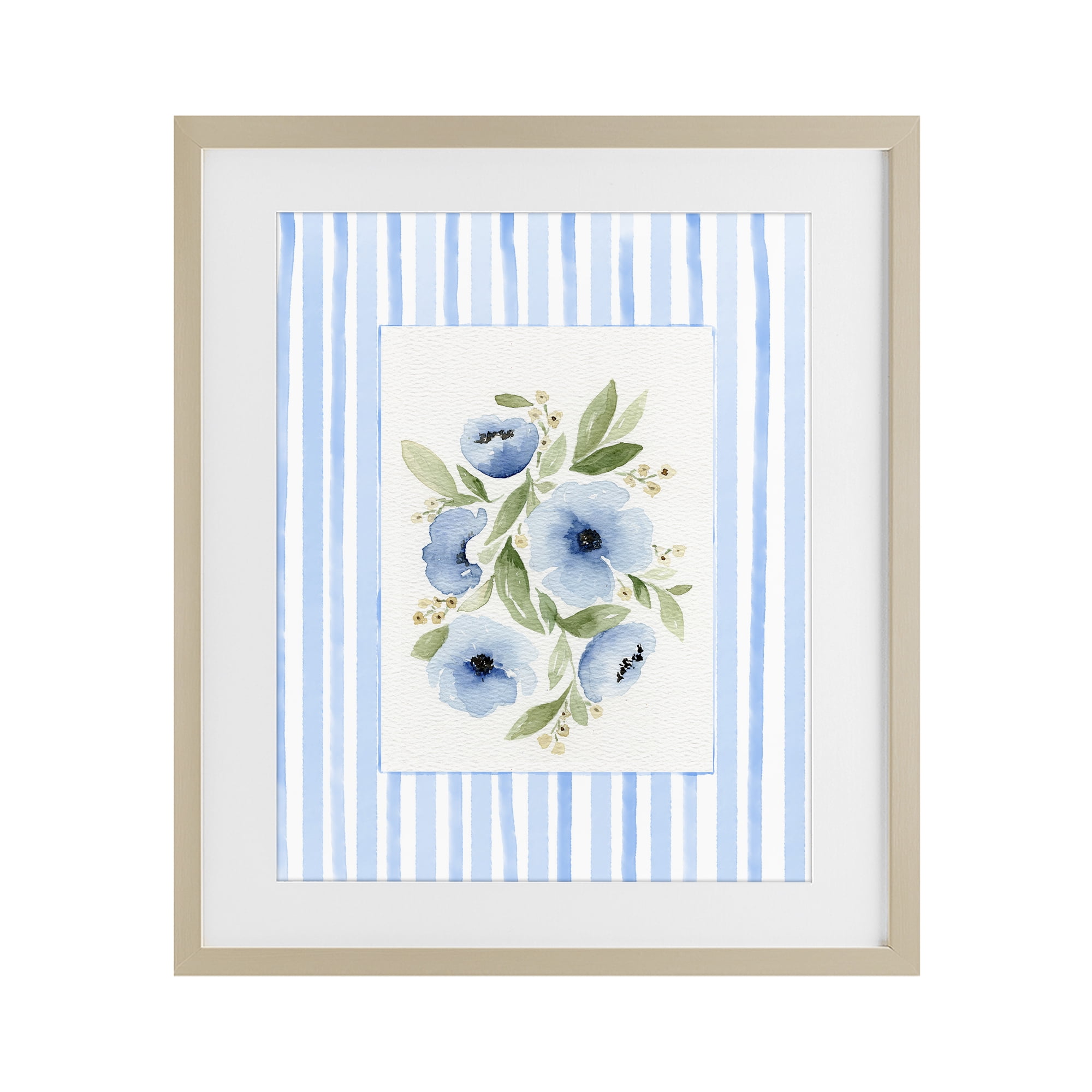 Stupell Industries Flowers With Stripe Border Birch Framed Print Under Glass, design by Leah Noel Art