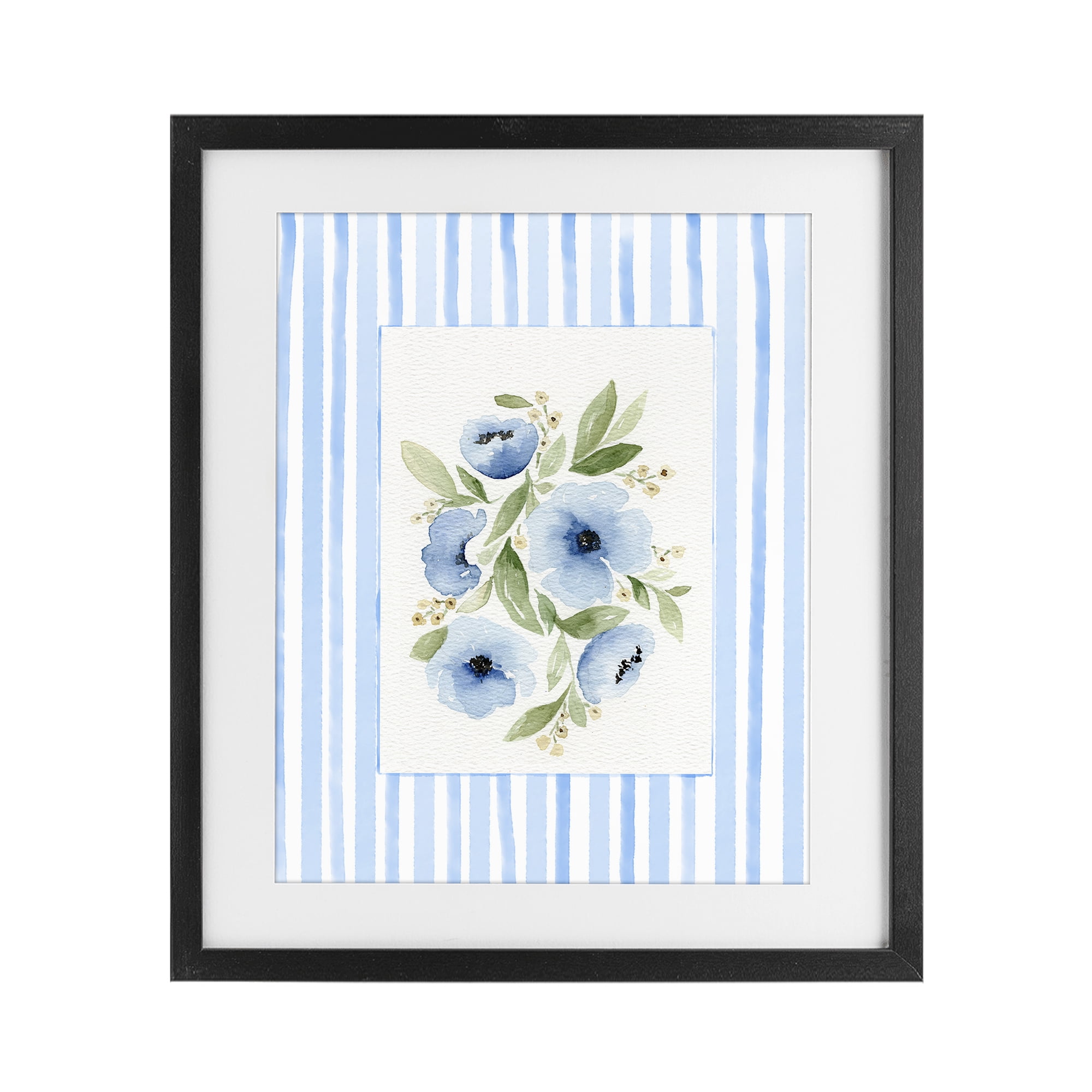 Stupell Industries Flowers With Stripe Border Black Framed Print Under Glass, design by Leah Noel Art