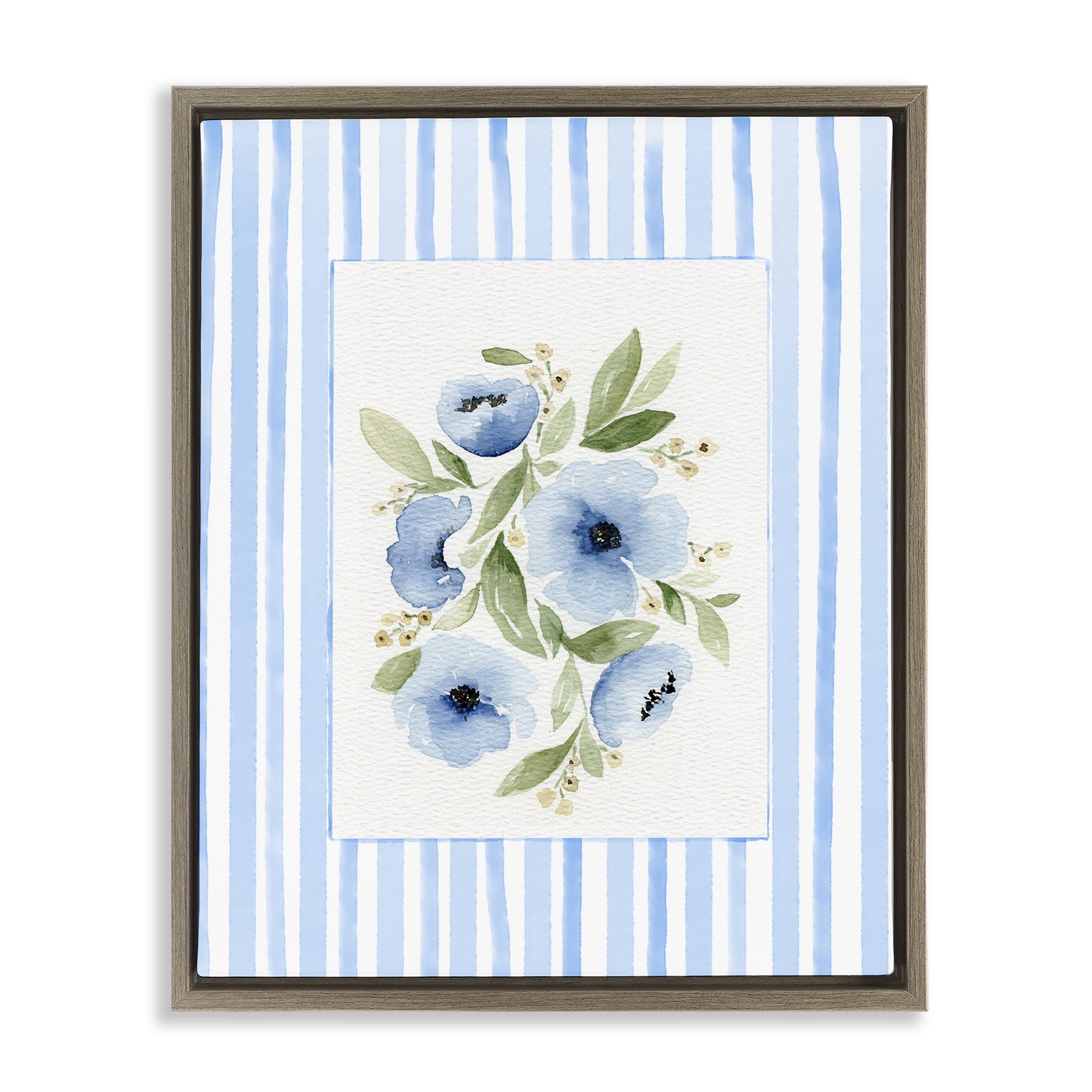 Stupell Industries Flowers With Stripe Border Brown Framed Floater Canvas Wall Art, design by Leah Noel Art