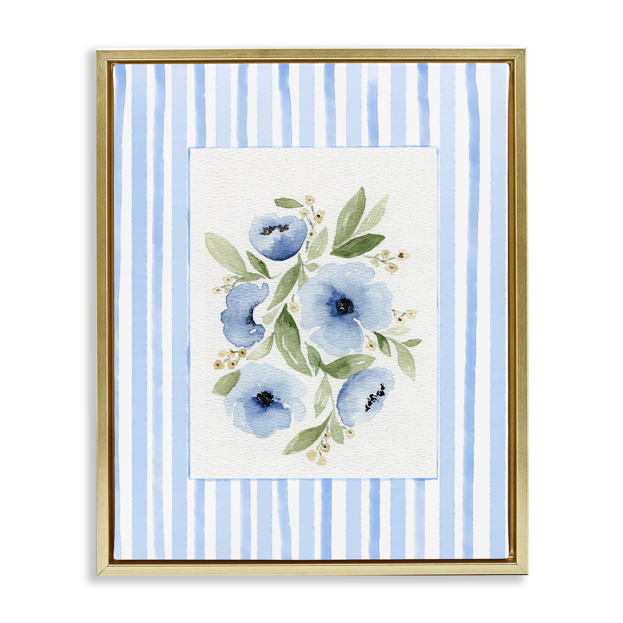 Stupell Industries Flowers With Stripe Border Gold Framed Floater Canvas Wall Art, design by Leah Noel Art