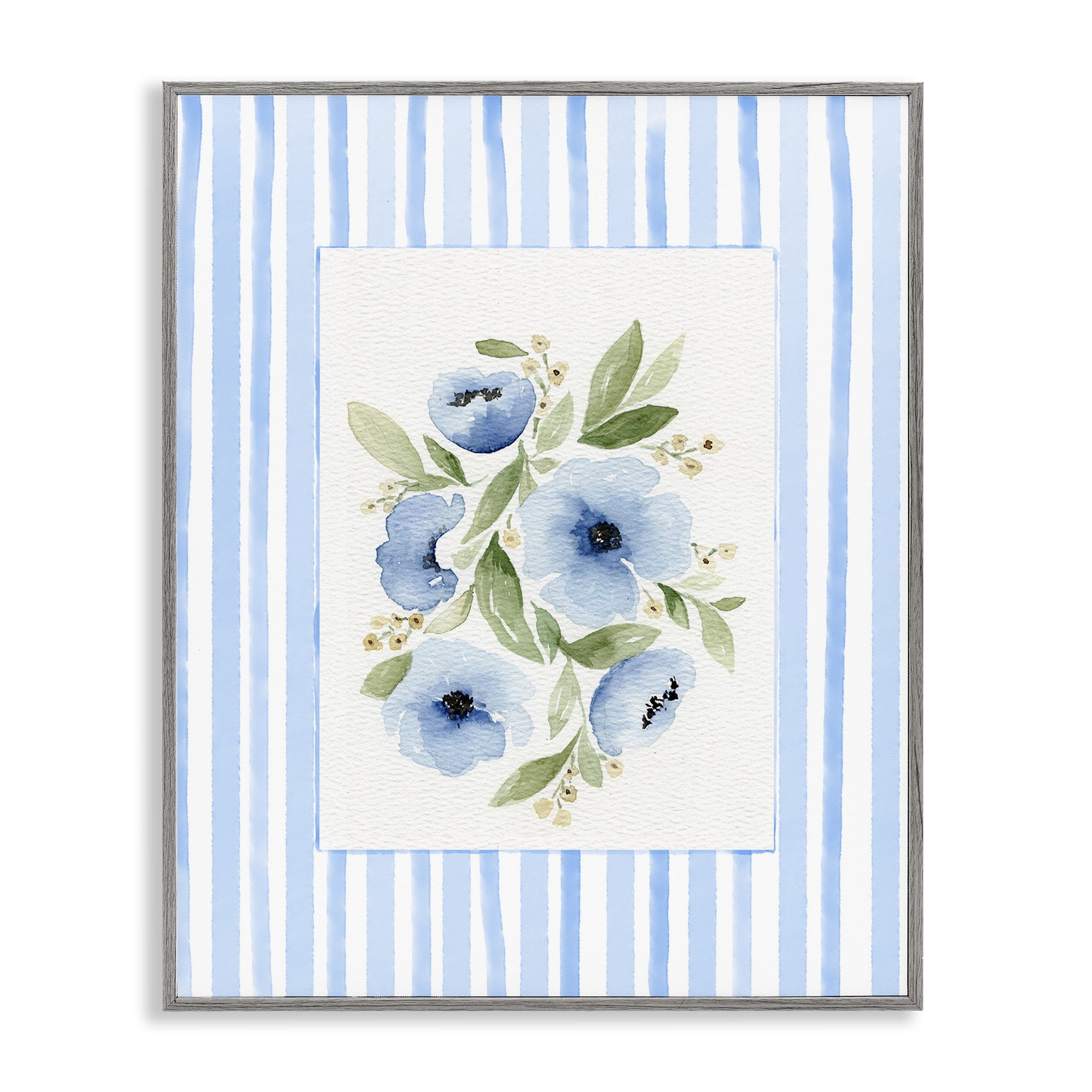 Stupell Industries Flowers With Stripe Border Gray Framed Giclee Art, design by Leah Noel Art