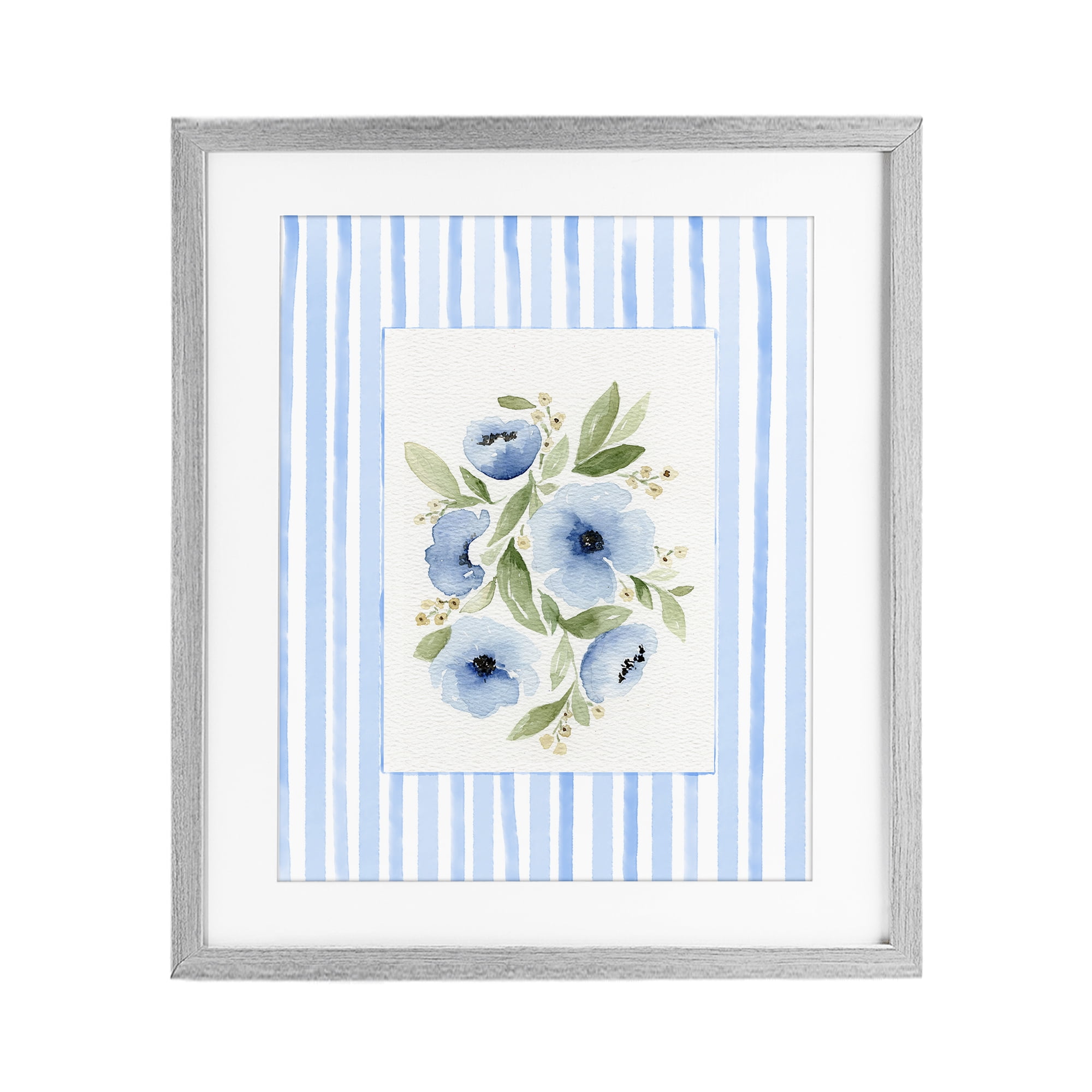 Stupell Industries Flowers With Stripe Border Gray Framed Print Under Glass, design by Leah Noel Art