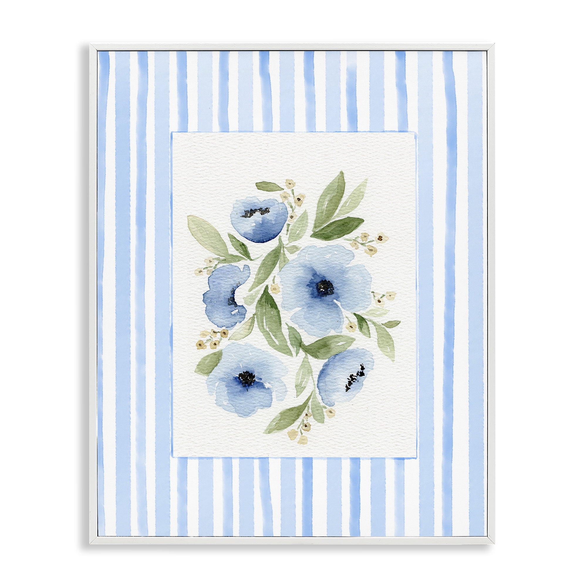 Stupell Industries Flowers With Stripe Border White Framed Giclee Art, design by Leah Noel Art