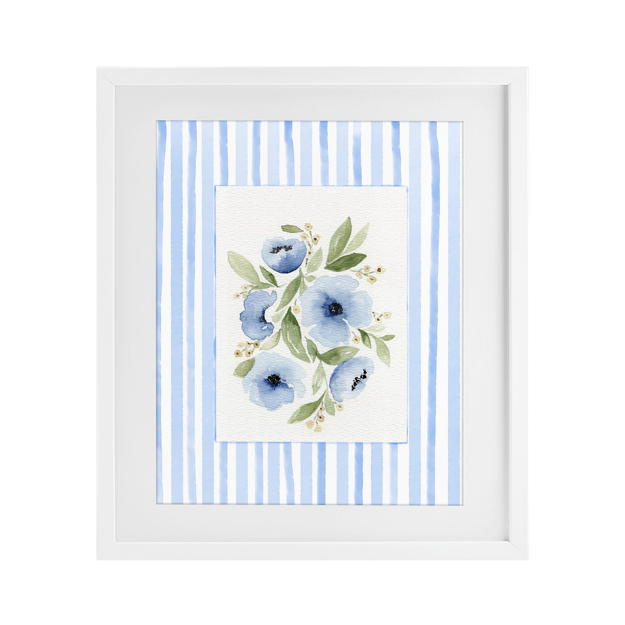 Stupell Industries Flowers With Stripe Border White Framed Print Under Glass, design by Leah Noel Art