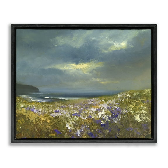 Stupell Industries Flowers by Stormy Beach Landscape & Nature Painting Black Floater Framed Canvas Art Print Wall Art, 21 x 17