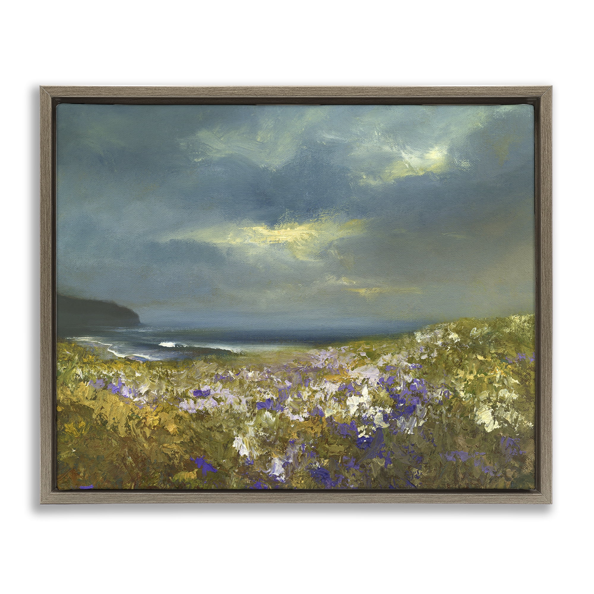 Stupell Industries Flowers by Stormy Beach Landscape & Nature Painting Brown Floater Framed Canvas Art Print Wall Art, 31 x 25