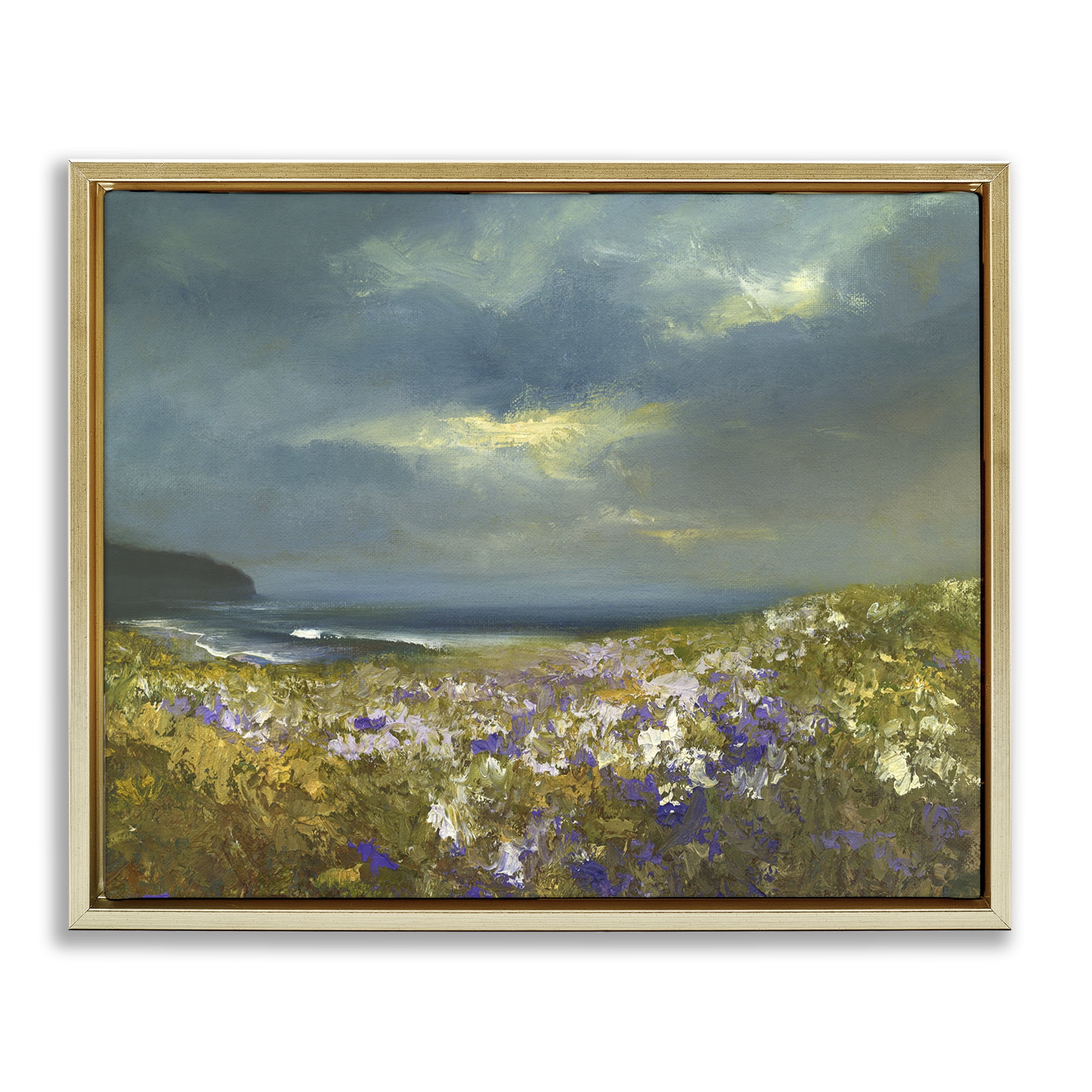 Stupell Industries Flowers by Stormy Beach Landscape & Nature Painting Gold Floater Framed Canvas Art Print Wall Art, 31 x 25