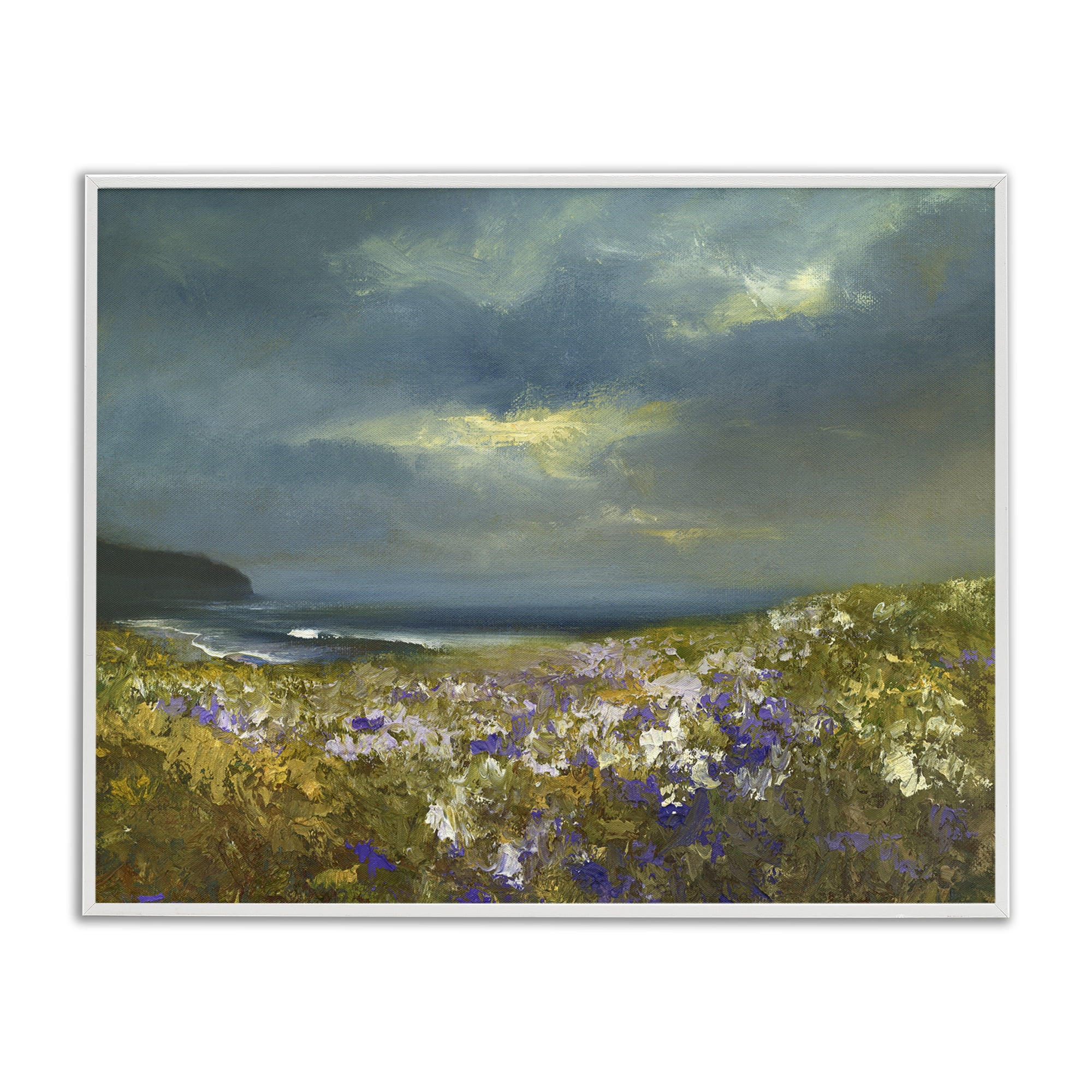 Stupell Industries Flowers by Stormy Beach Landscape & Nature Painting White Framed Art Print Wall Art, 14 x 11