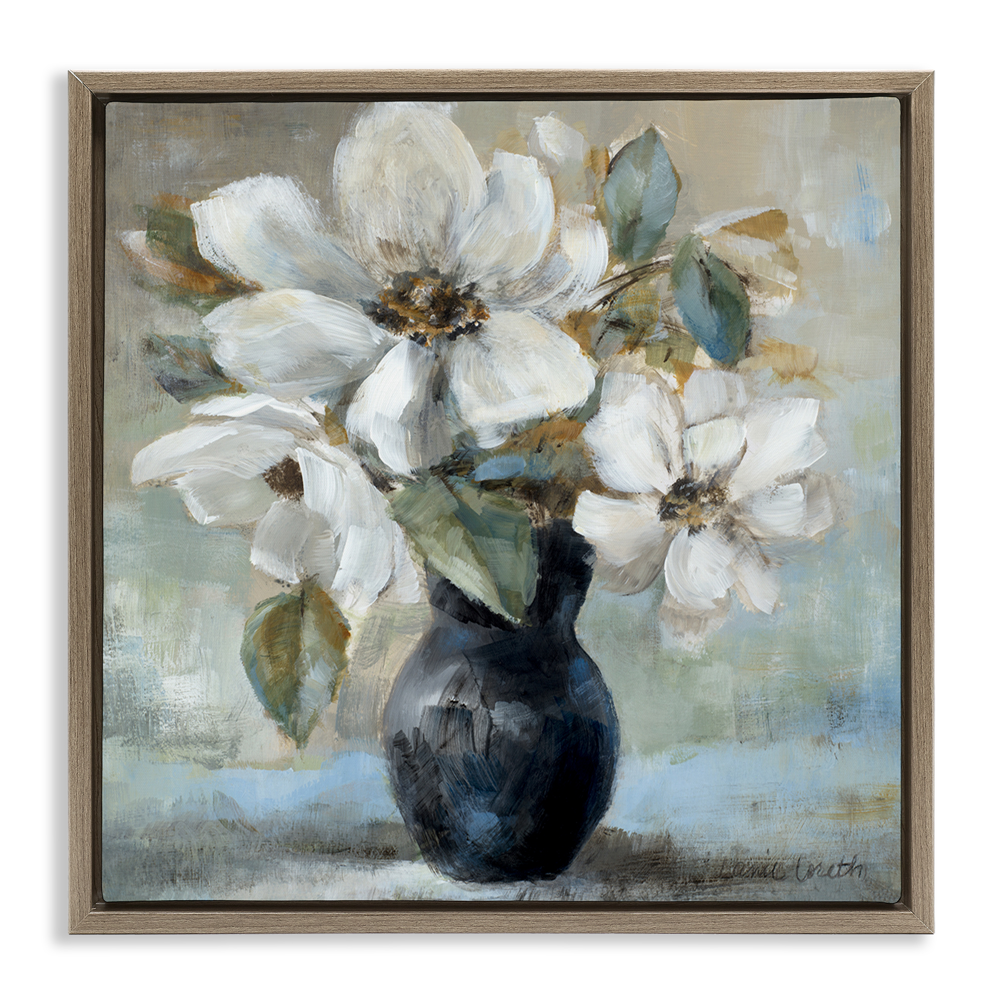 Stupell Industries Flowers in Black Vase Plants & Flowers Painting Brown Floater Framed Canvas Art Print Wall Art, 18 x 18