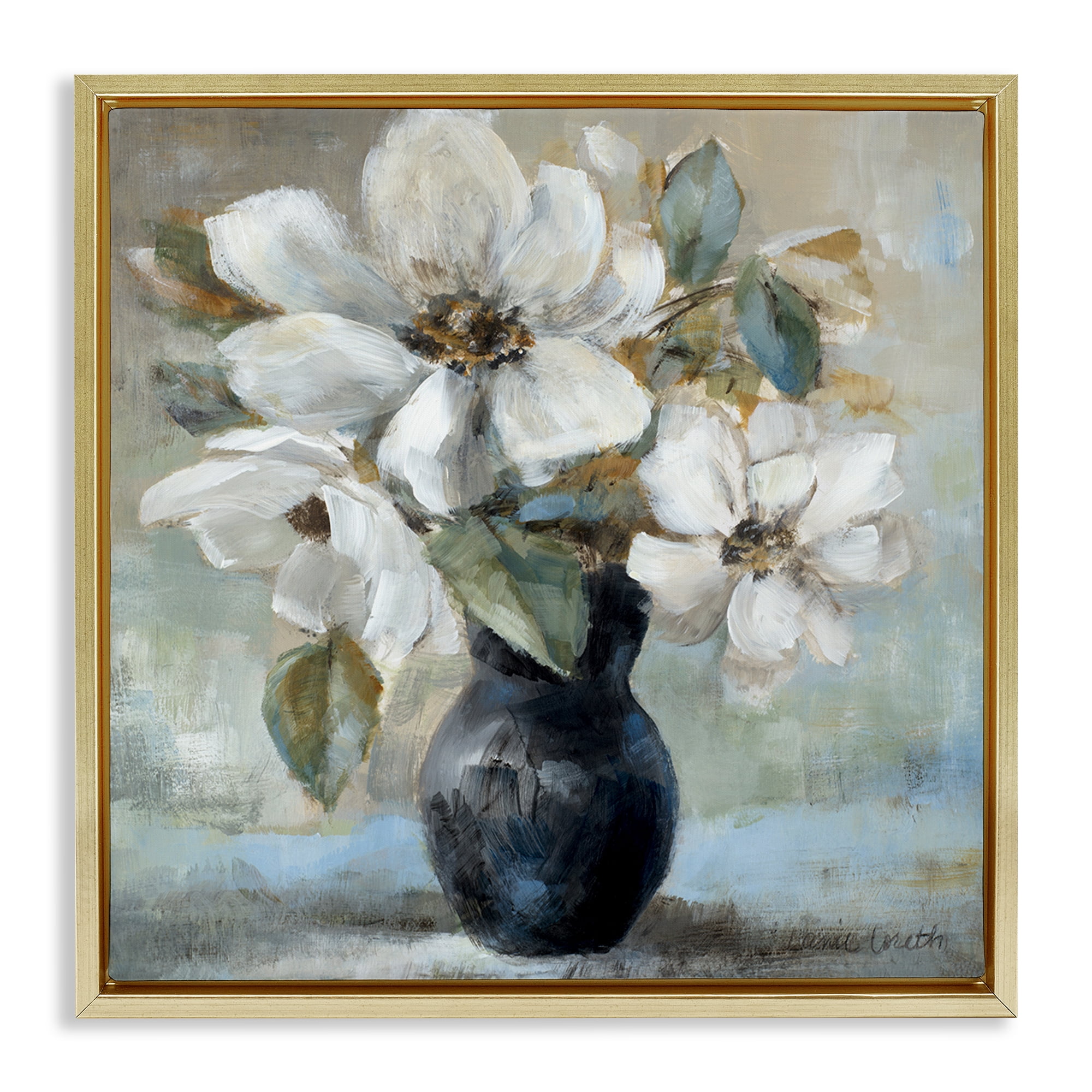 Stupell Industries Flowers in Black Vase Plants & Flowers Painting Gold Floater Framed Canvas Art Print Wall Art, 18 x 18