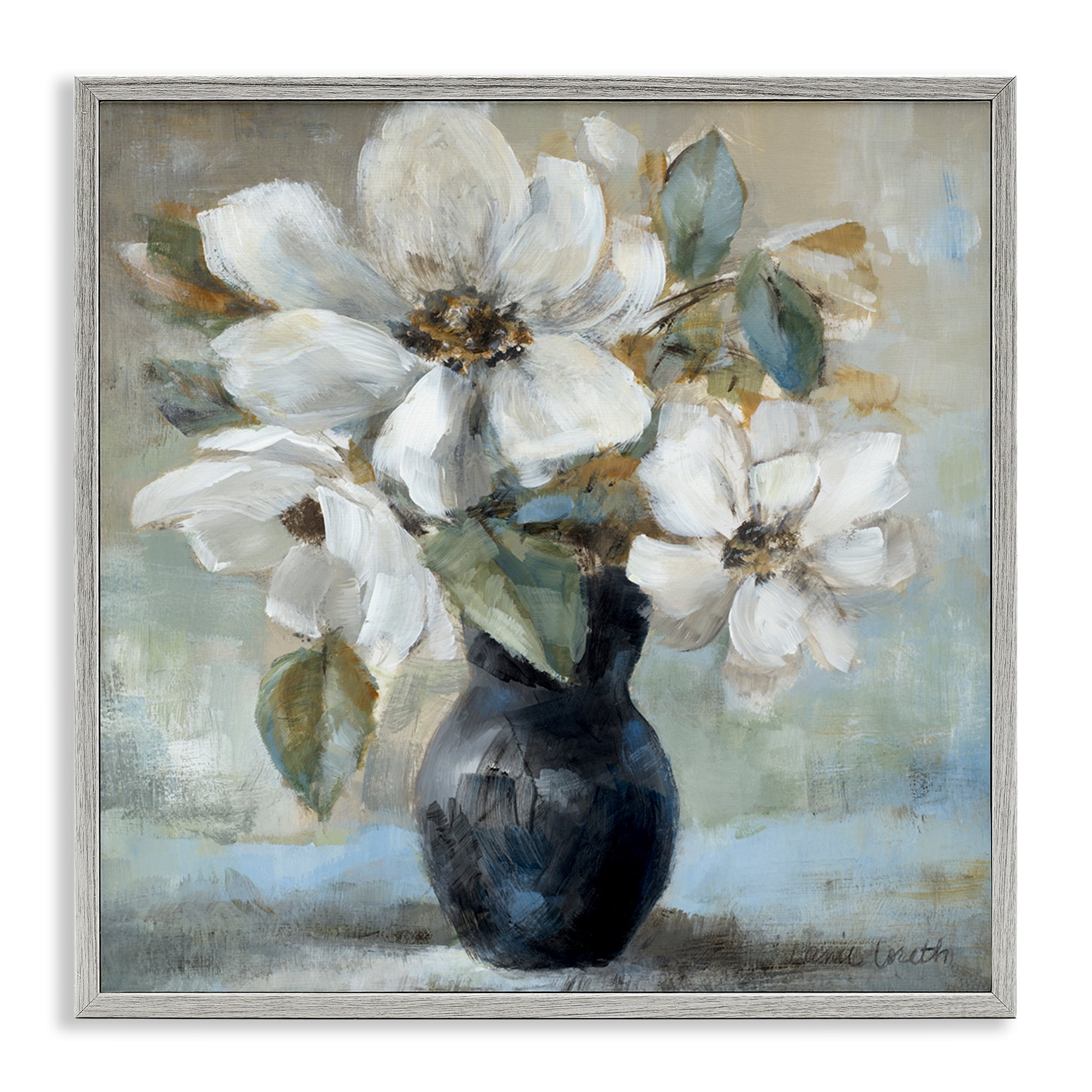 Stupell Industries Flowers in Black Vase Plants & Flowers Painting Gray Framed Art Print Wall Art, 24 x 24