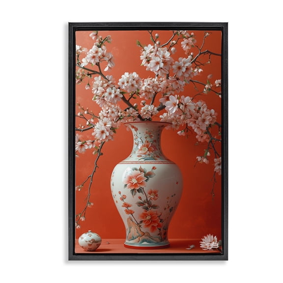 Stupell Industries Flowers in Eastern Vase Botanical & Floral Painting Black Floater Framed Art Print Wall Art, 21 x 31