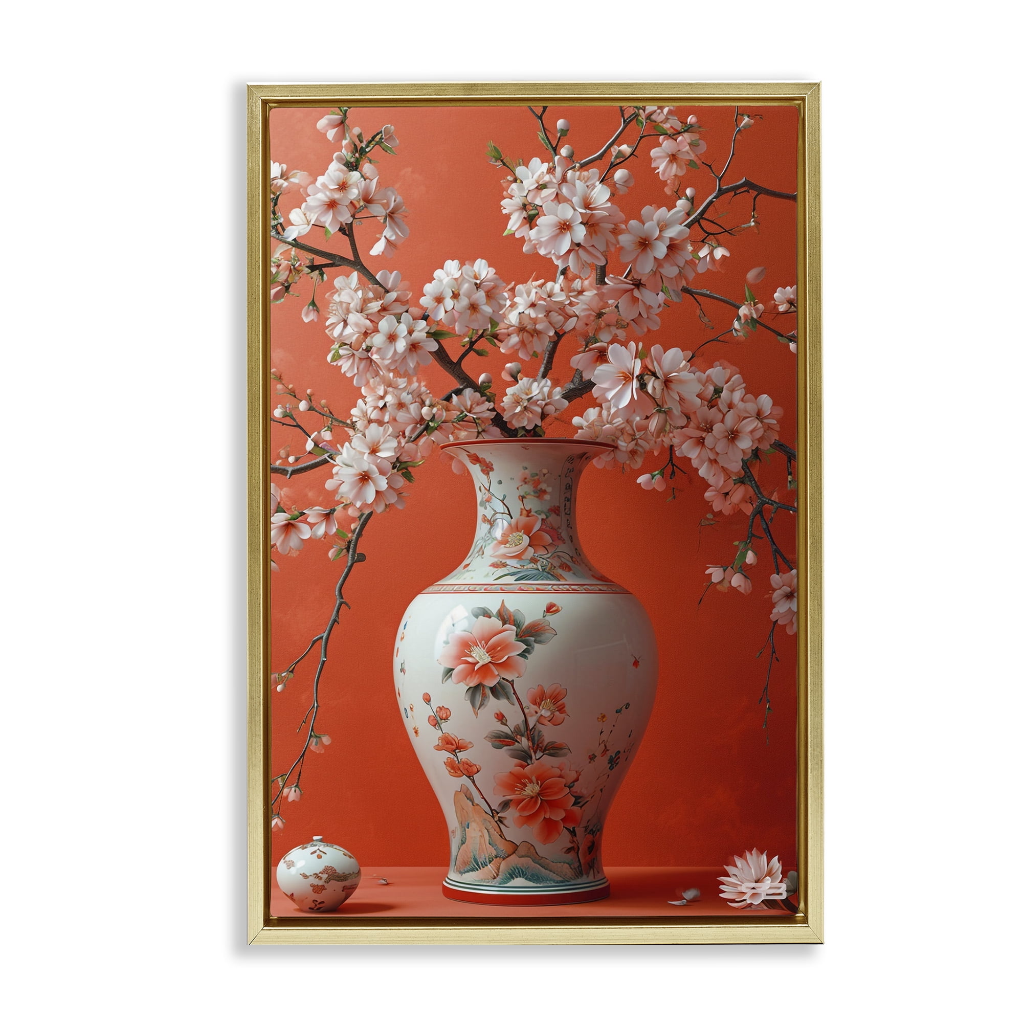 Stupell Industries Flowers in Eastern Vase Botanical & Floral Painting Gold Floater Framed Art Print Wall Art, 17 x 25