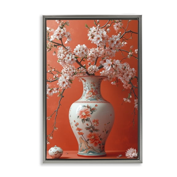Stupell Industries Flowers in Eastern Vase Botanical & Floral Painting Gray Floater Framed Art Print Wall Art, 17 x 25