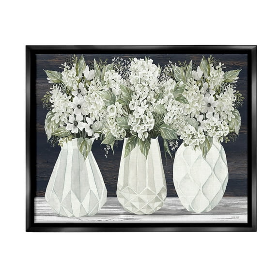 Stupell Industries Flowers in Geometric Vases Botanical & Floral Painting Black Floater Framed Canvas Art Print Wall Art, 21 x 17