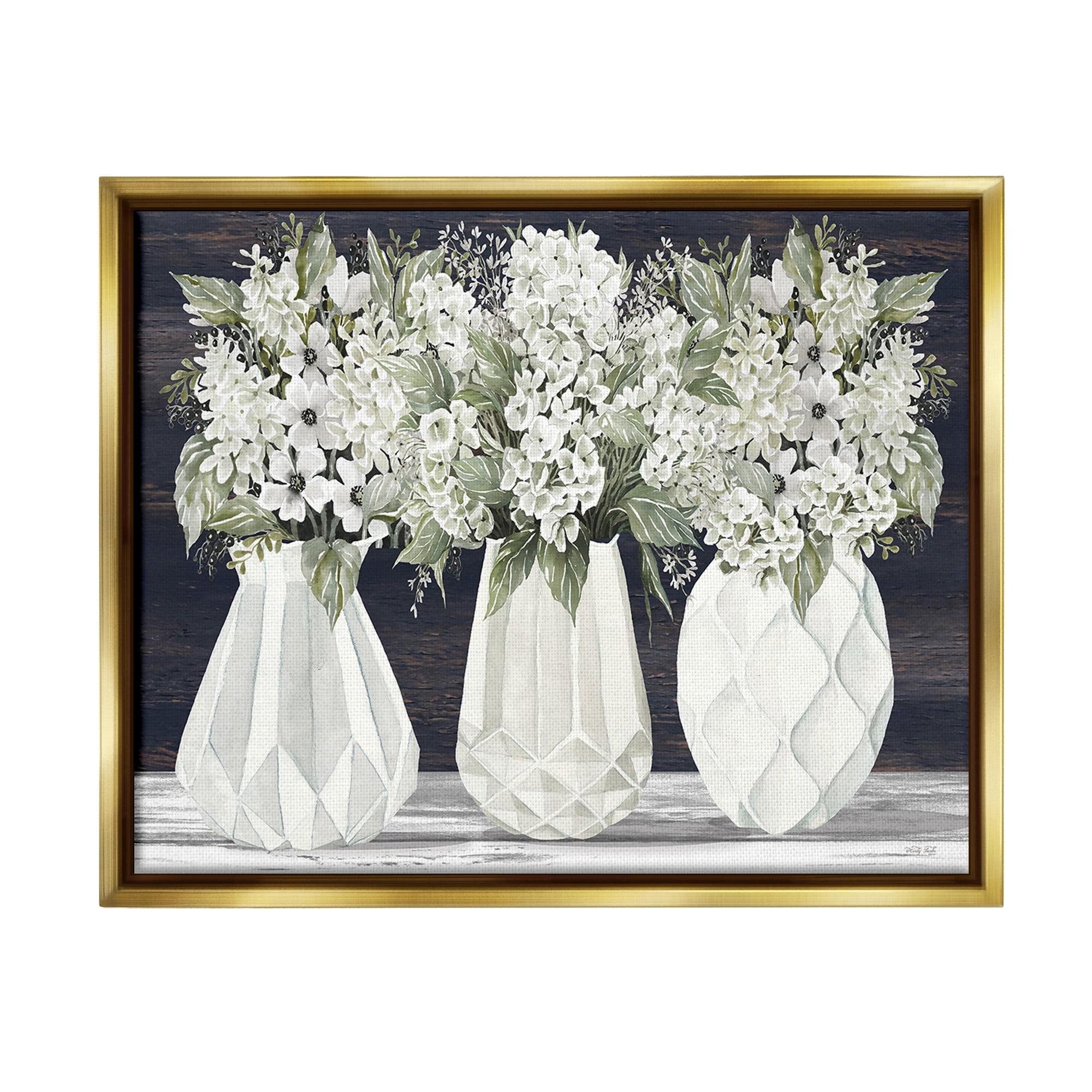 Stupell Industries Flowers in Geometric Vases Botanical & Floral Painting Gold Floater Framed Canvas Art Print Wall Art, 21 x 17