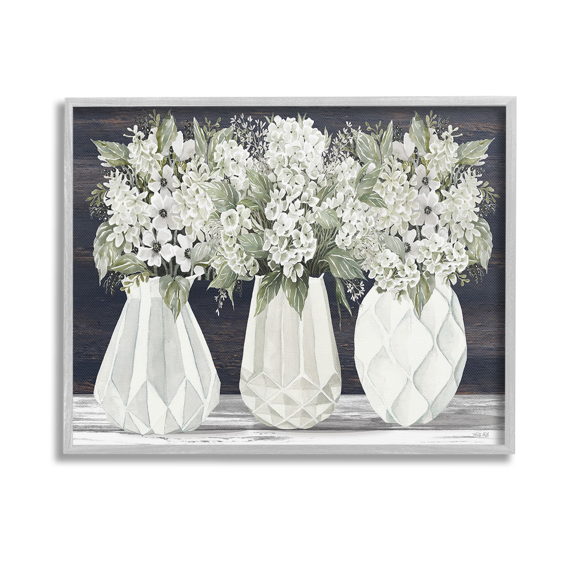 Stupell Industries Flowers in Geometric Vases Botanical & Floral Painting Gray Framed Art Print Wall Art, 14 x 11