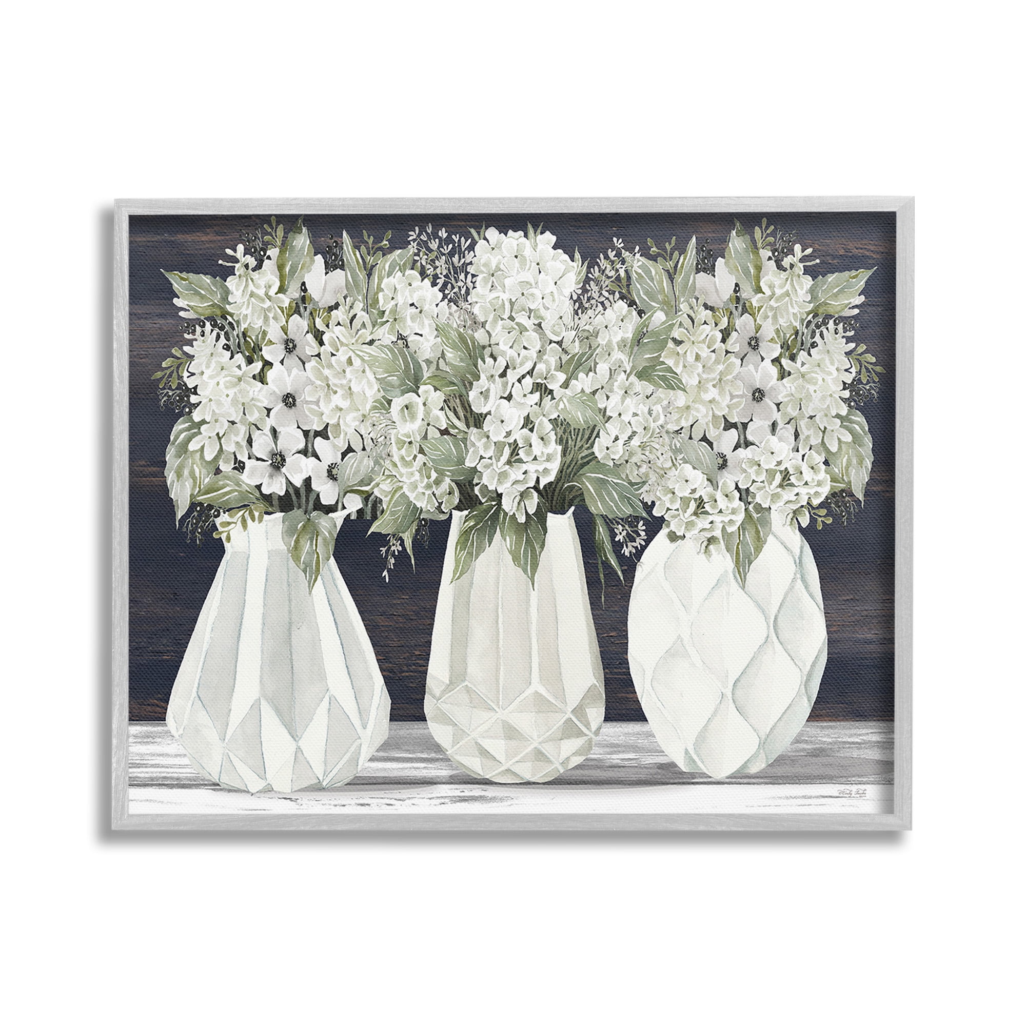 Stupell Industries Flowers in Geometric Vases Botanical & Floral Painting Gray Framed Art Print Wall Art, 30 x 24