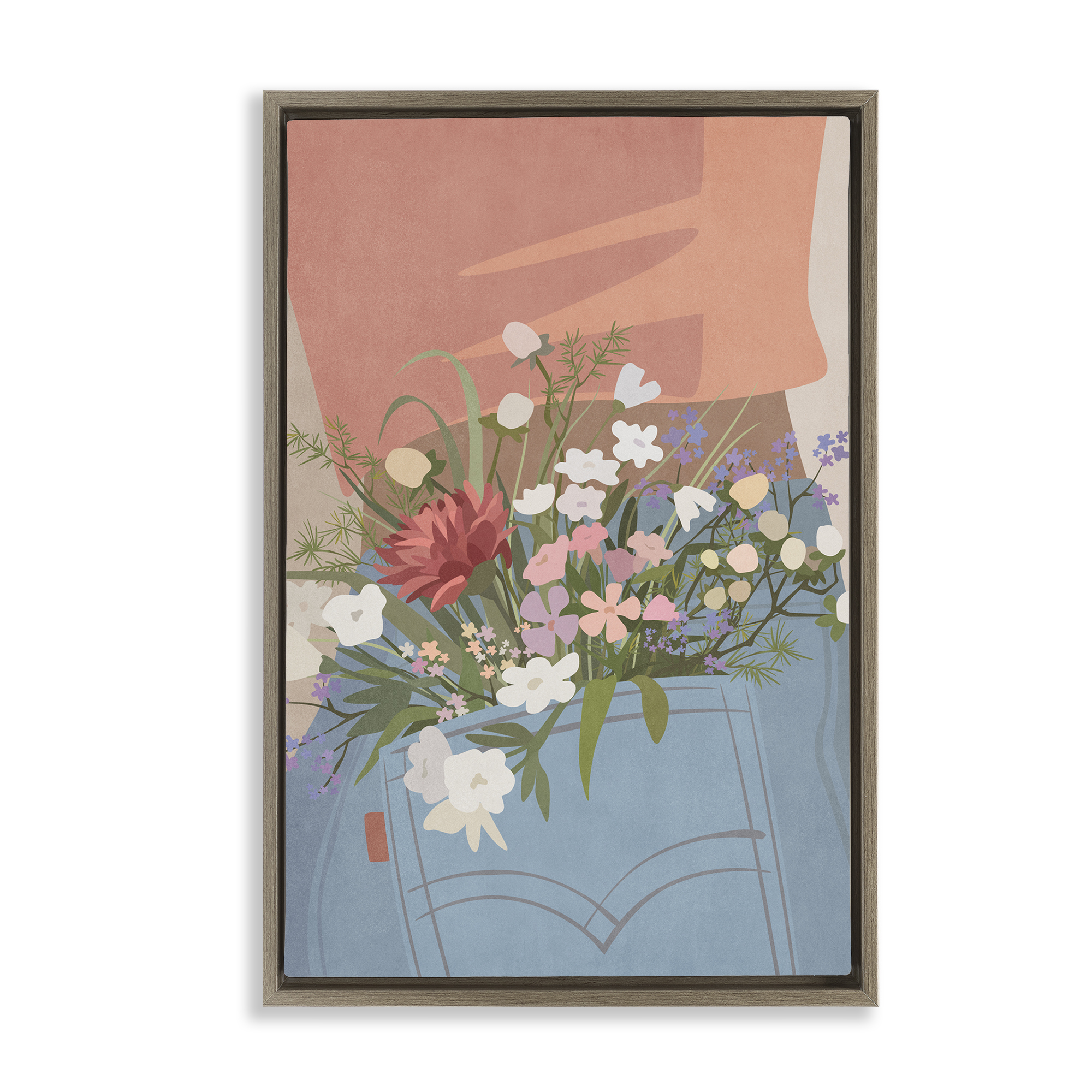 Stupell Industries Flowers in Jeans Pocket Plants & Flowers Painting Brown Floater Framed Canvas Art Print Wall Art, 21 x 31