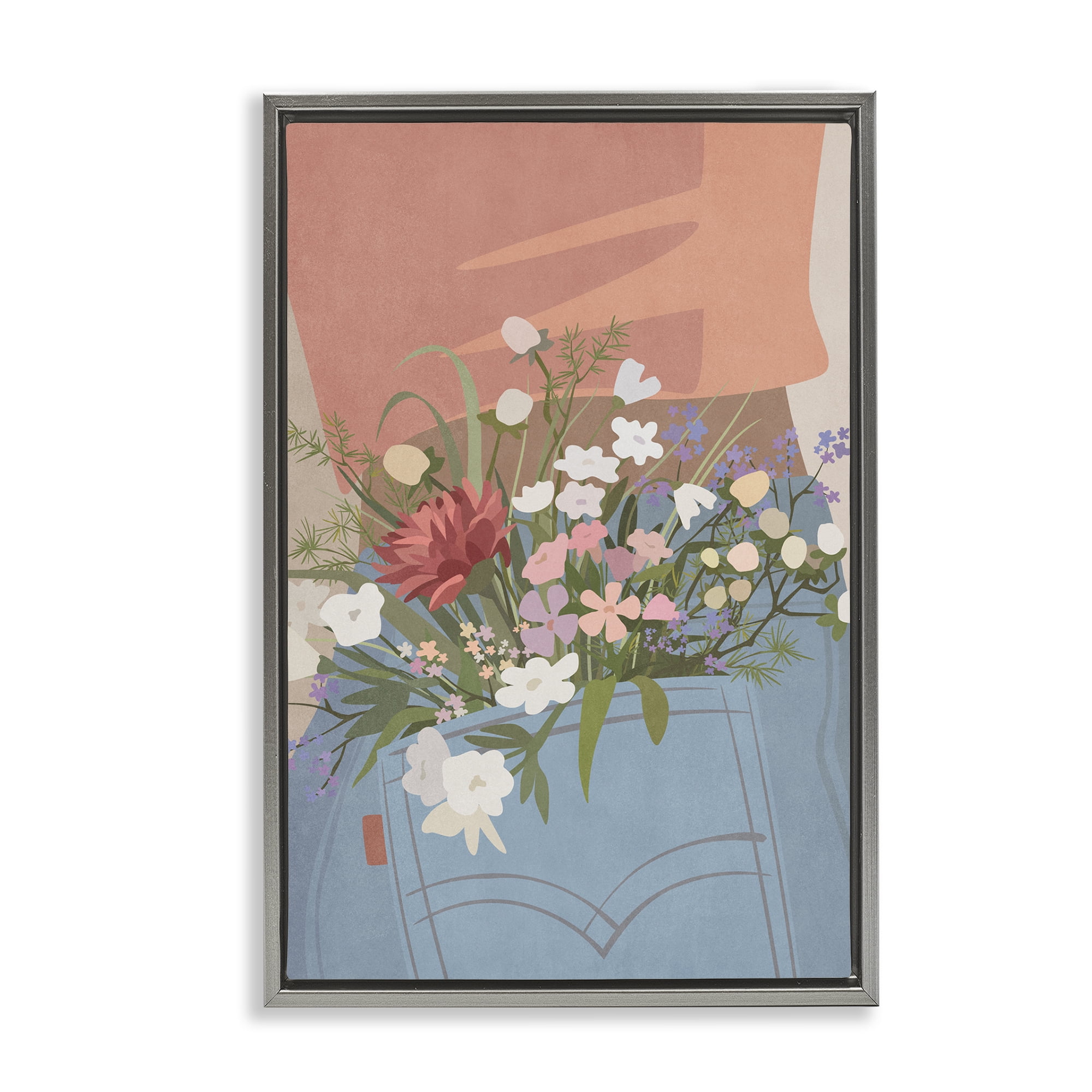Stupell Industries Flowers in Jeans Pocket Plants & Flowers Painting Gray Floater Framed Canvas Art Print Wall Art, 21 x 31