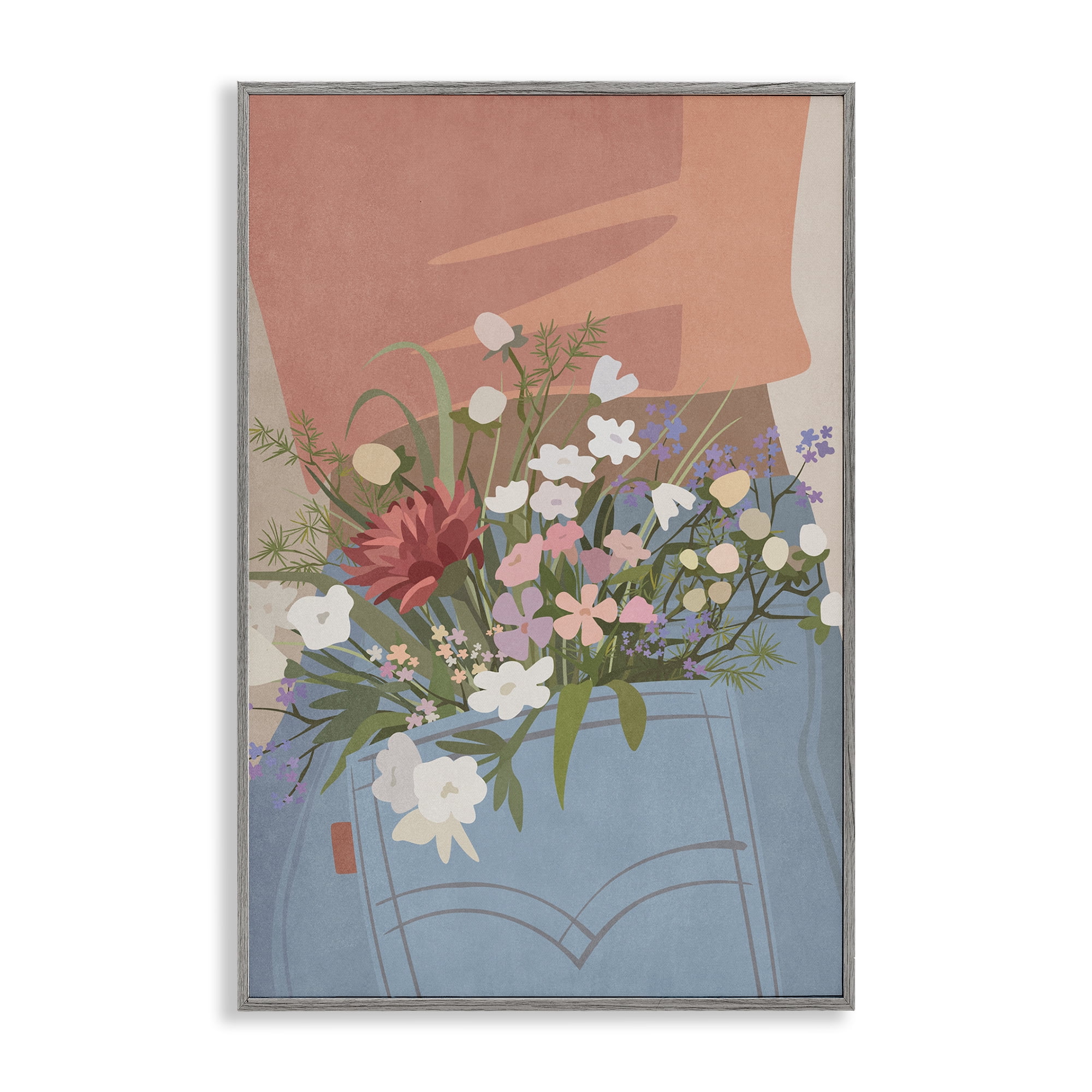 Stupell Industries Flowers in Jeans Pocket Plants & Flowers Painting Gray Framed Art Print Wall Art, 12 x 18