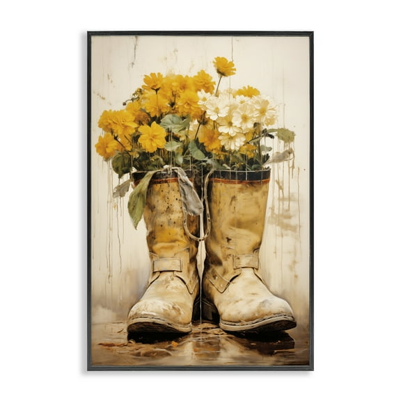 Stupell Industries Flowers in Rugged Country Boots Floral Painting Black Framed Art Print Wall Art, 12 x 18