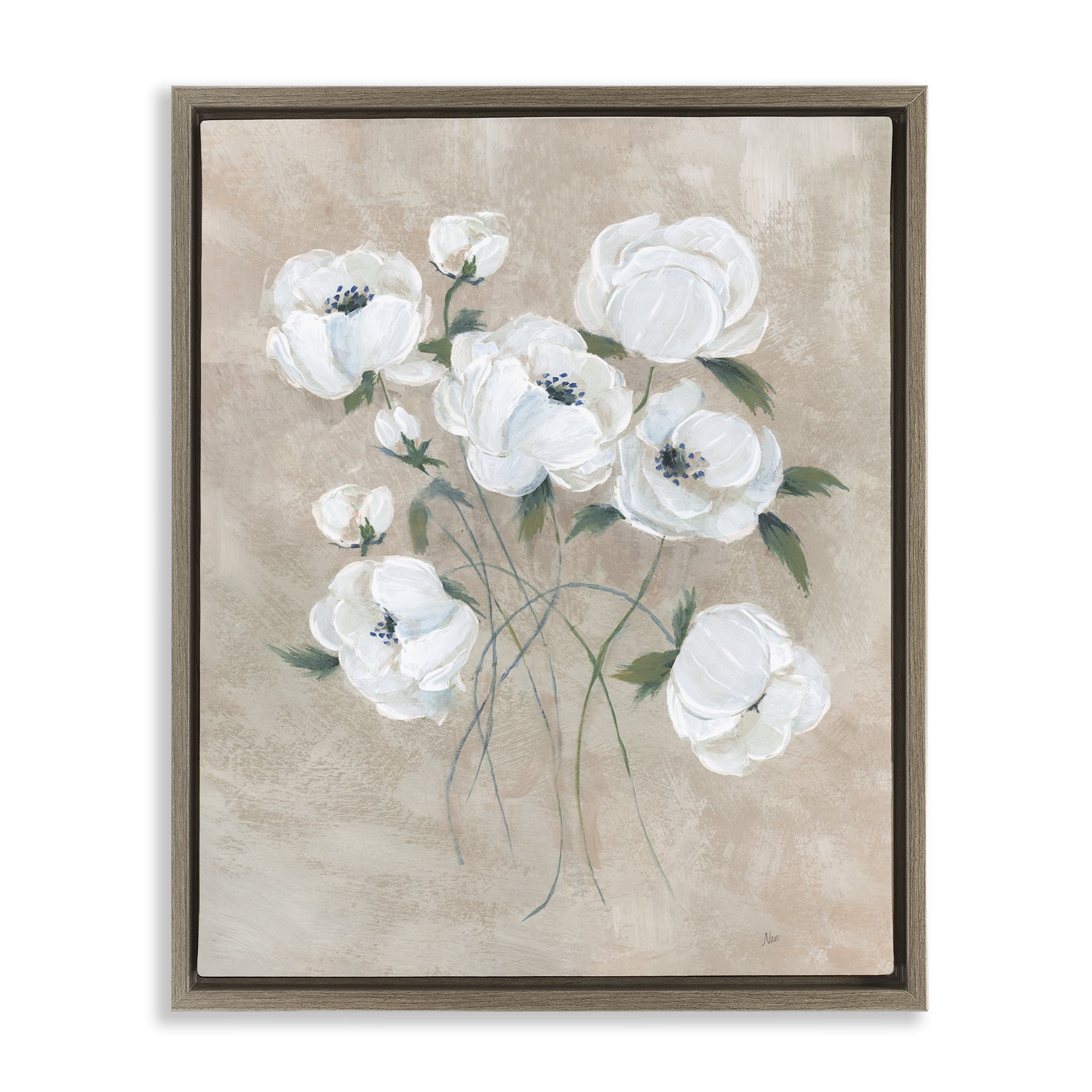 Stupell Industries Flowers on Neutral Beige Plants & Flowers Painting Brown Floater Framed Canvas Art Print Wall Art, 25 x 31
