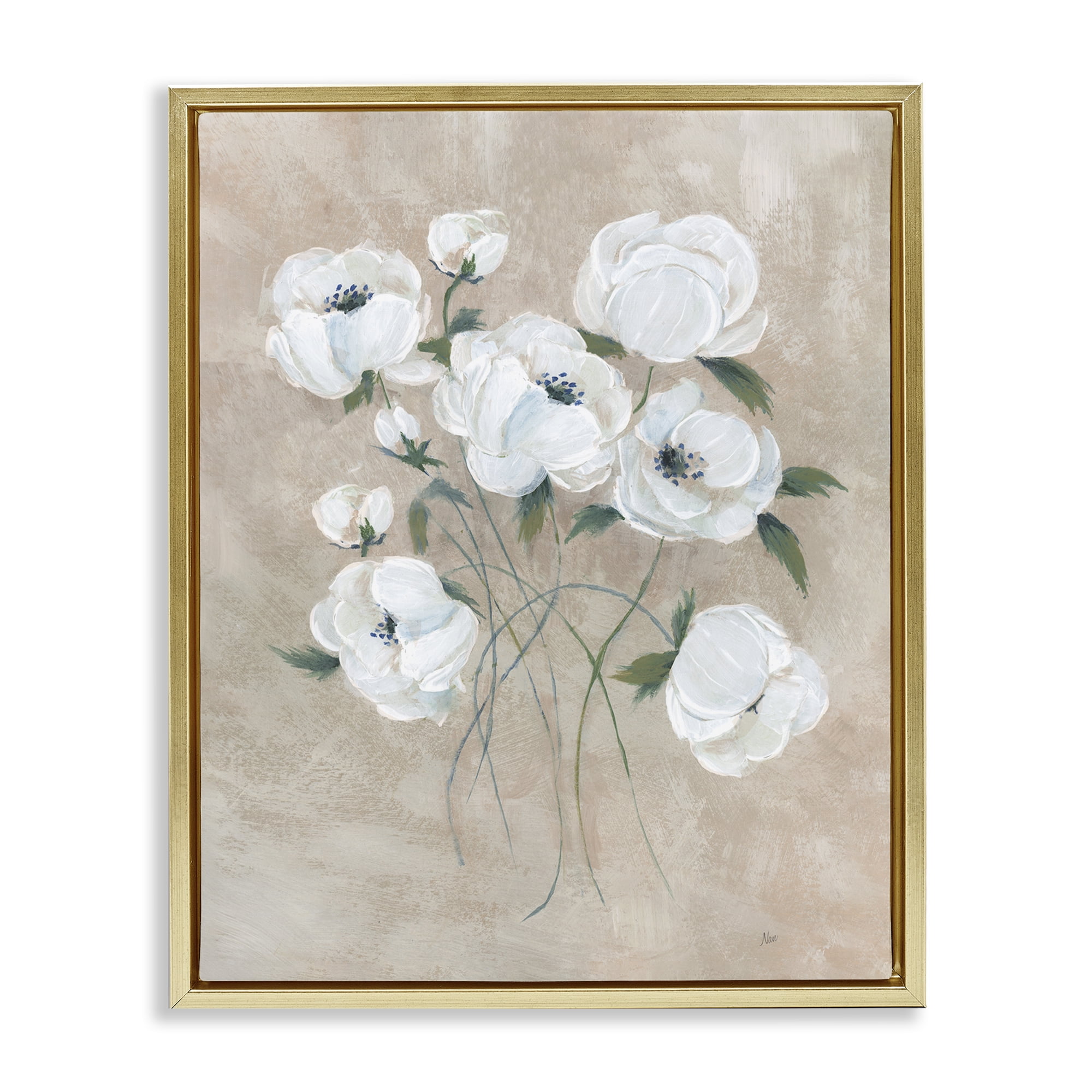 Stupell Industries Flowers on Neutral Beige Plants & Flowers Painting Gold Floater Framed Canvas Art Print Wall Art, 17 x 21