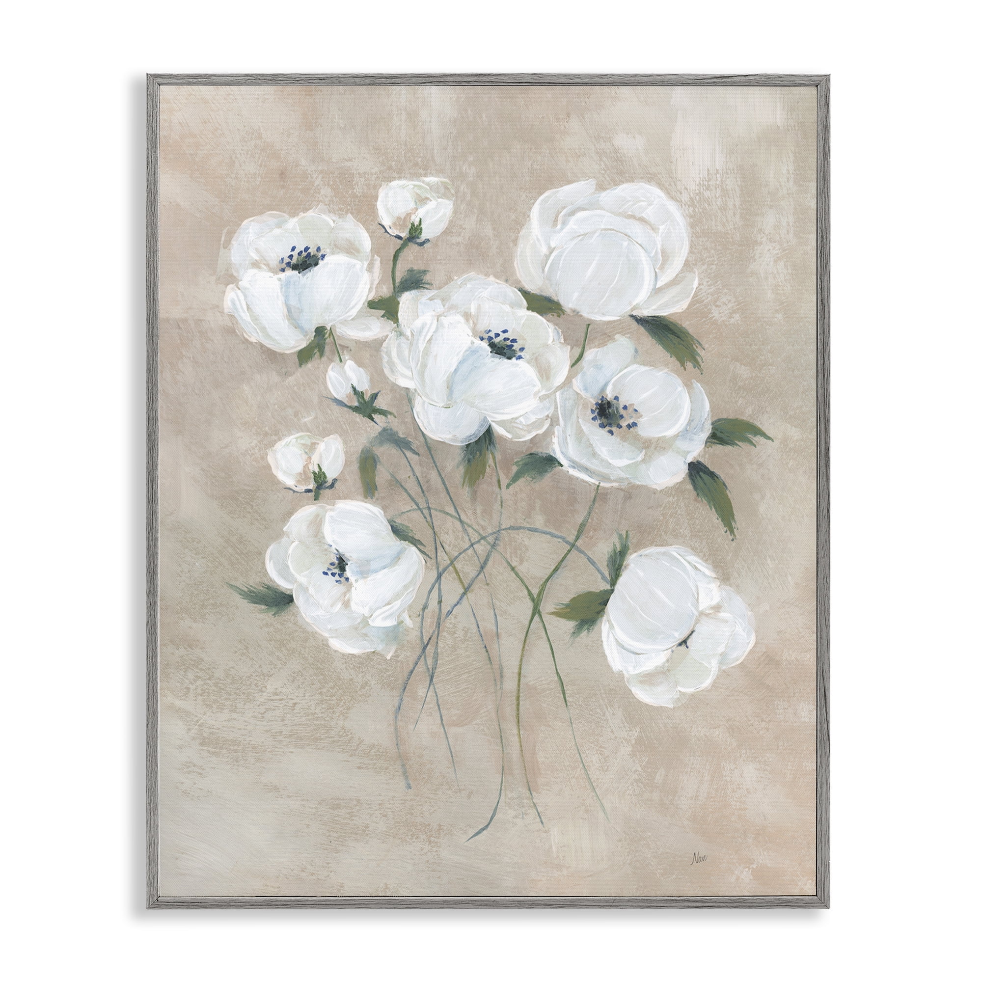 Stupell Industries Flowers on Neutral Beige Plants & Flowers Painting Gray Framed Art Print Wall Art, 16 x 20