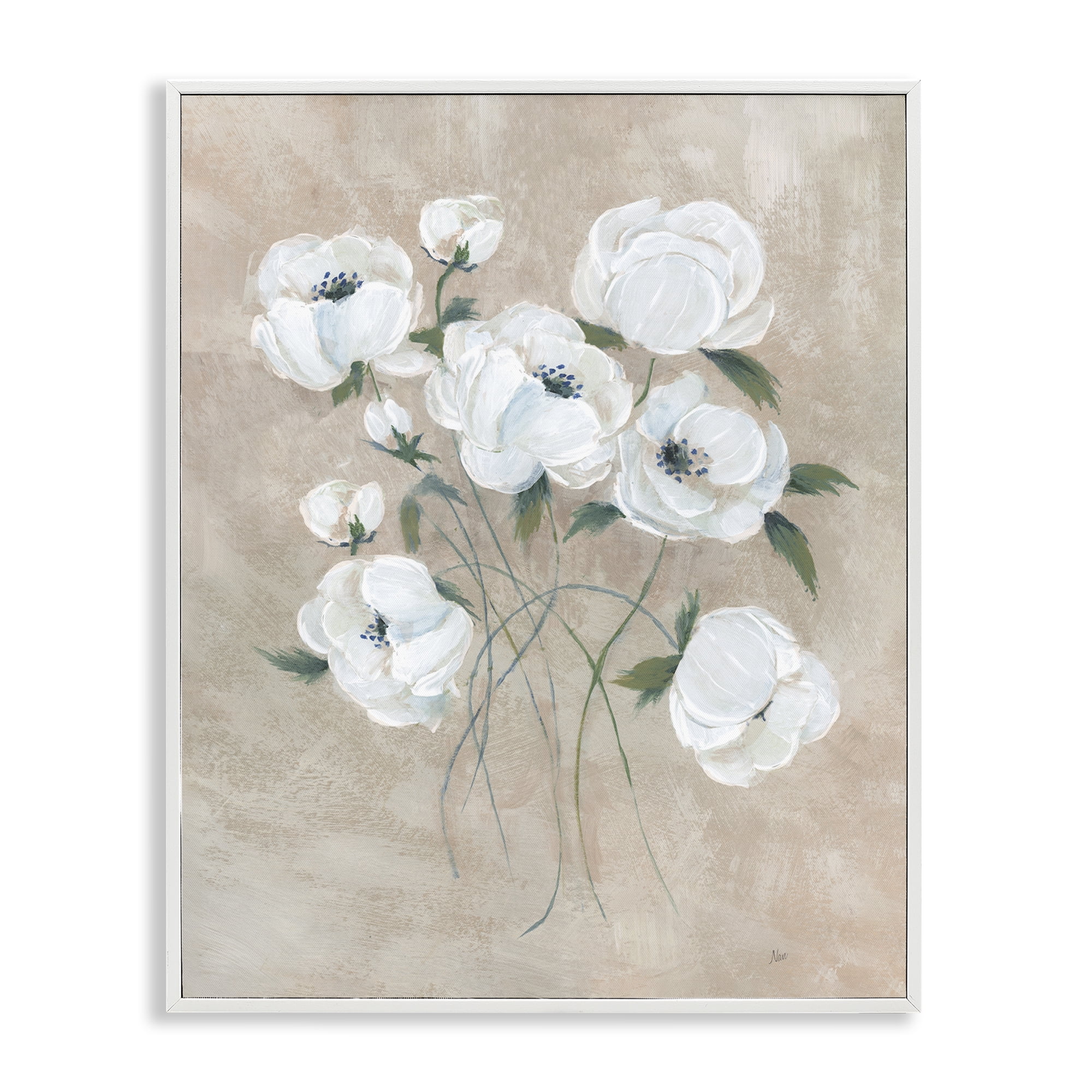 Stupell Industries Flowers on Neutral Beige Plants & Flowers Painting White Framed Art Print Wall Art, 16 x 20